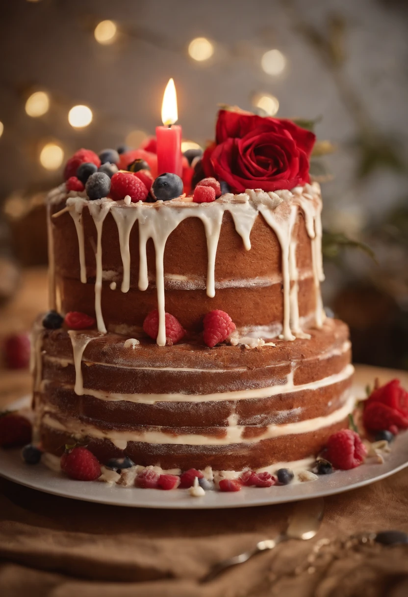 Close-up. Happy birthday !!! Sunlight falls on the table with a large beautiful birthday cake with many thin candles, holiday balls, sparks, lights, confetti, large flower buds. Photorealistic, cinematic. In the style of an oil painting. Blurred background. Light haze.