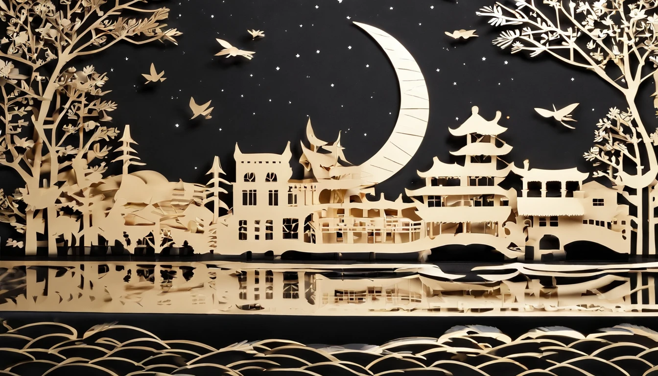 nighttime scene,By the river,Bright moon in the sky
