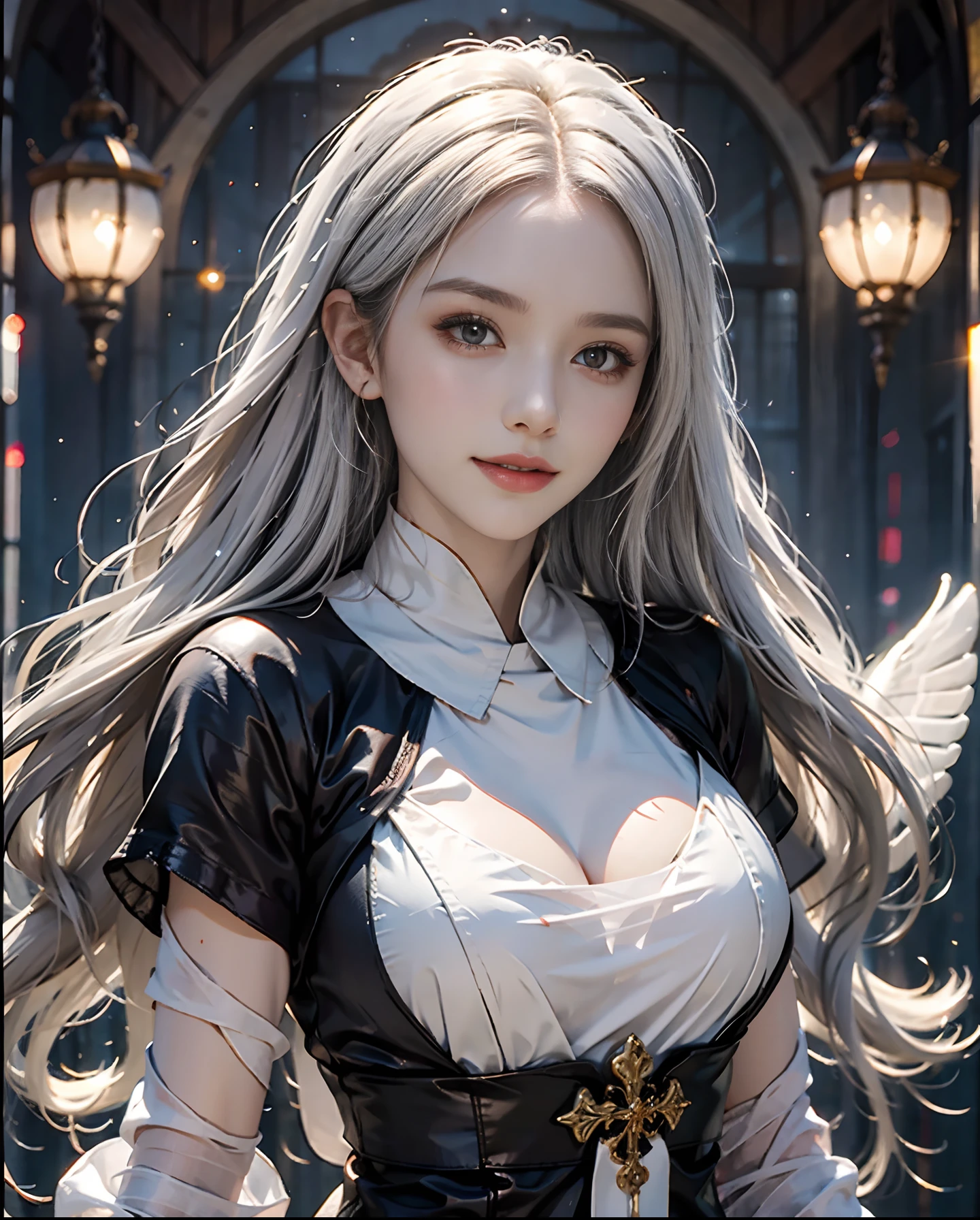masutepiece、hight resolution、Nun costume、25Old Female、1girl with、Beautiful now、9th class、Look at the viewer、smil、Okappa、The background is a monastery、Glitter background、Beautiful stained glass、the skin is white and transparent、Beautiful nun praying to God、Angel Smile、the skin is white and transparent、Paws are thin and beautiful,
