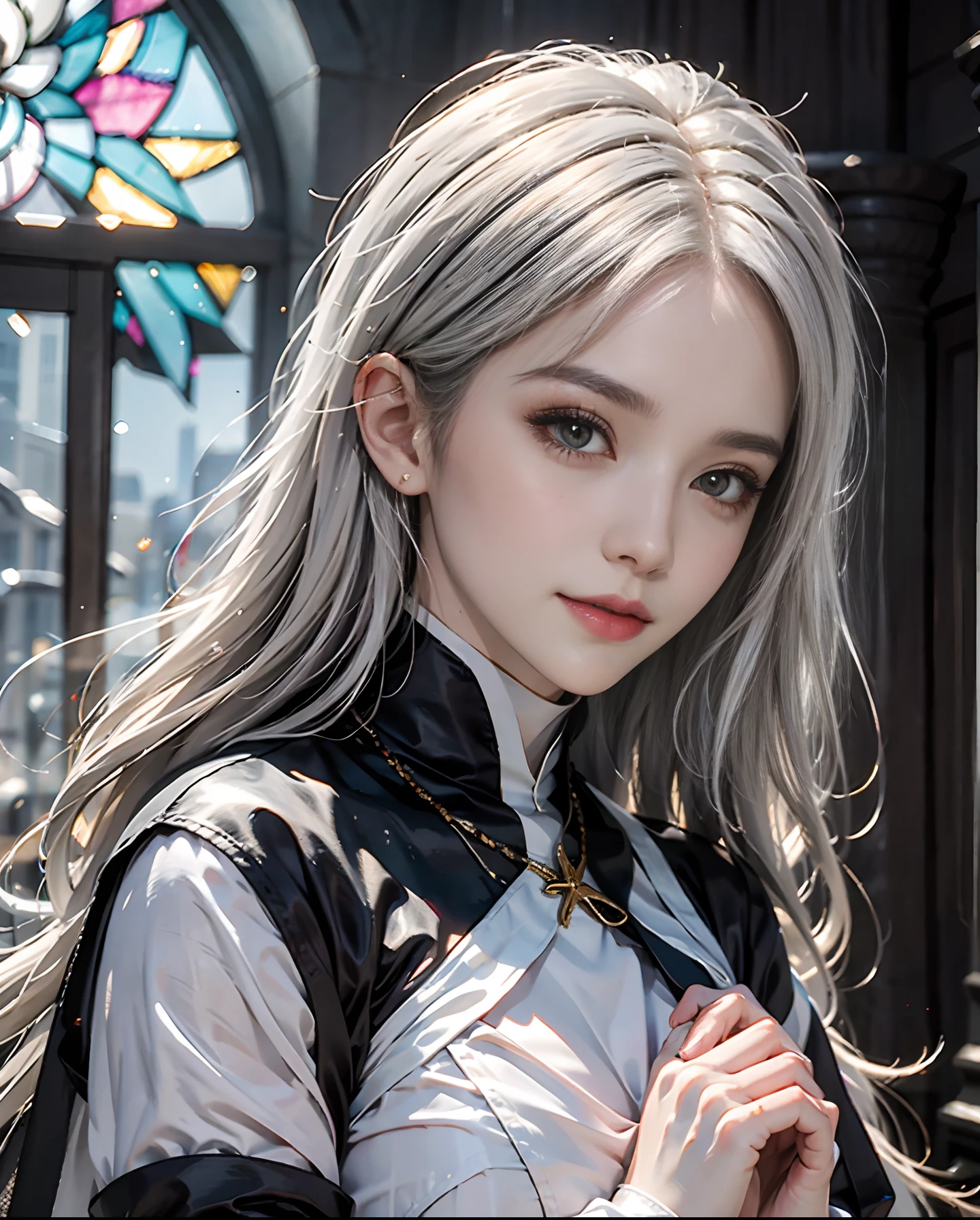 masutepiece、hight resolution、Nun costume、２５Old Female、１girl with、Beautiful now、9th class、Look at the viewer、smil、Okappa、The background is a monastery、Glitter background、Beautiful stained glass、the skin is white and transparent、Beautiful nun praying to God、Angel Smile、the skin is white and transparent、Paws are thin and beautiful,