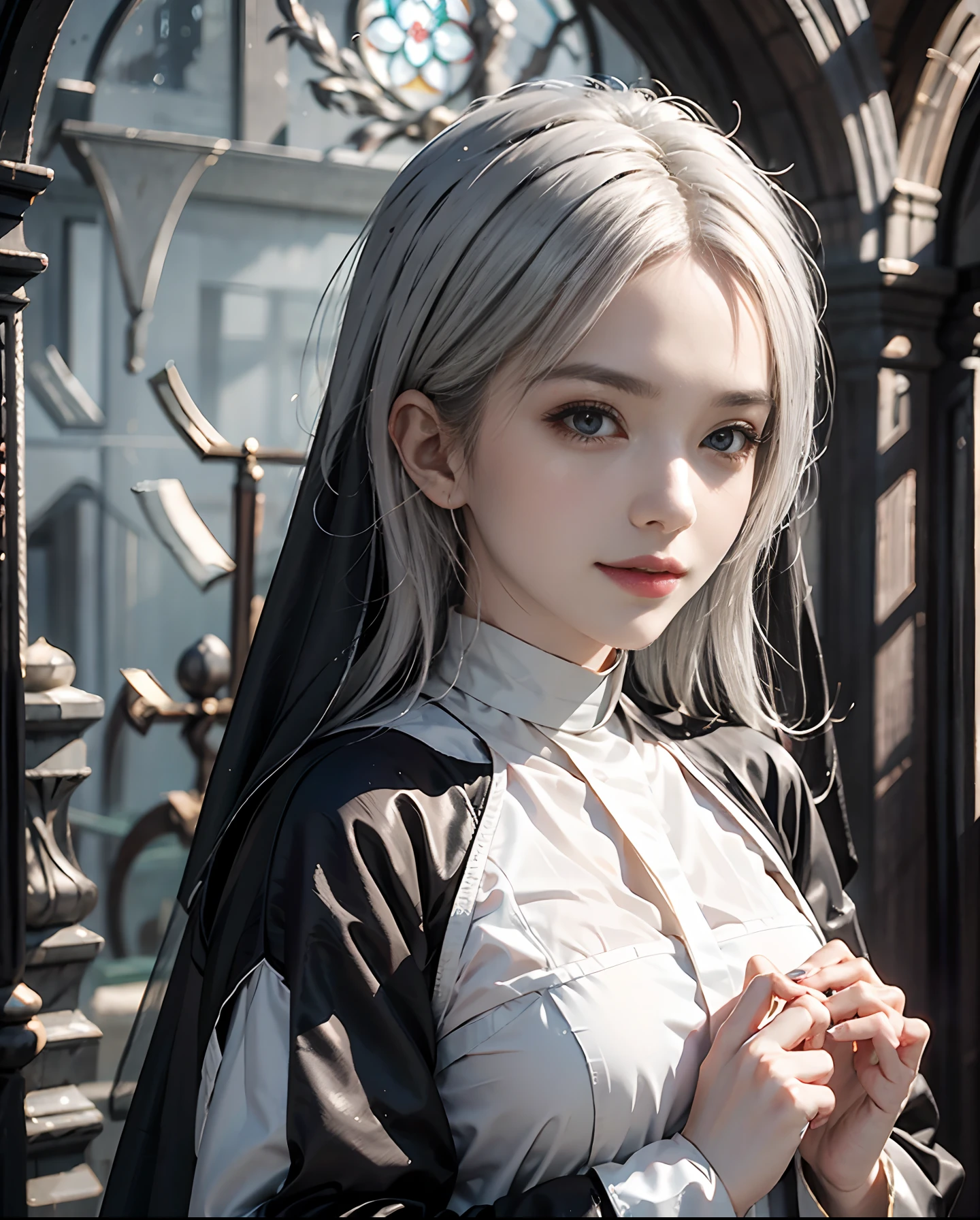 masutepiece、hight resolution、Nun costume、２５Old Female、１girl with、Beautiful now、9th class、Look at the viewer、smil、Okappa、The background is a monastery、Glitter background、Beautiful stained glass、the skin is white and transparent、Beautiful nun praying to God、Angel Smile、the skin is white and transparent、Paws are thin and beautiful,