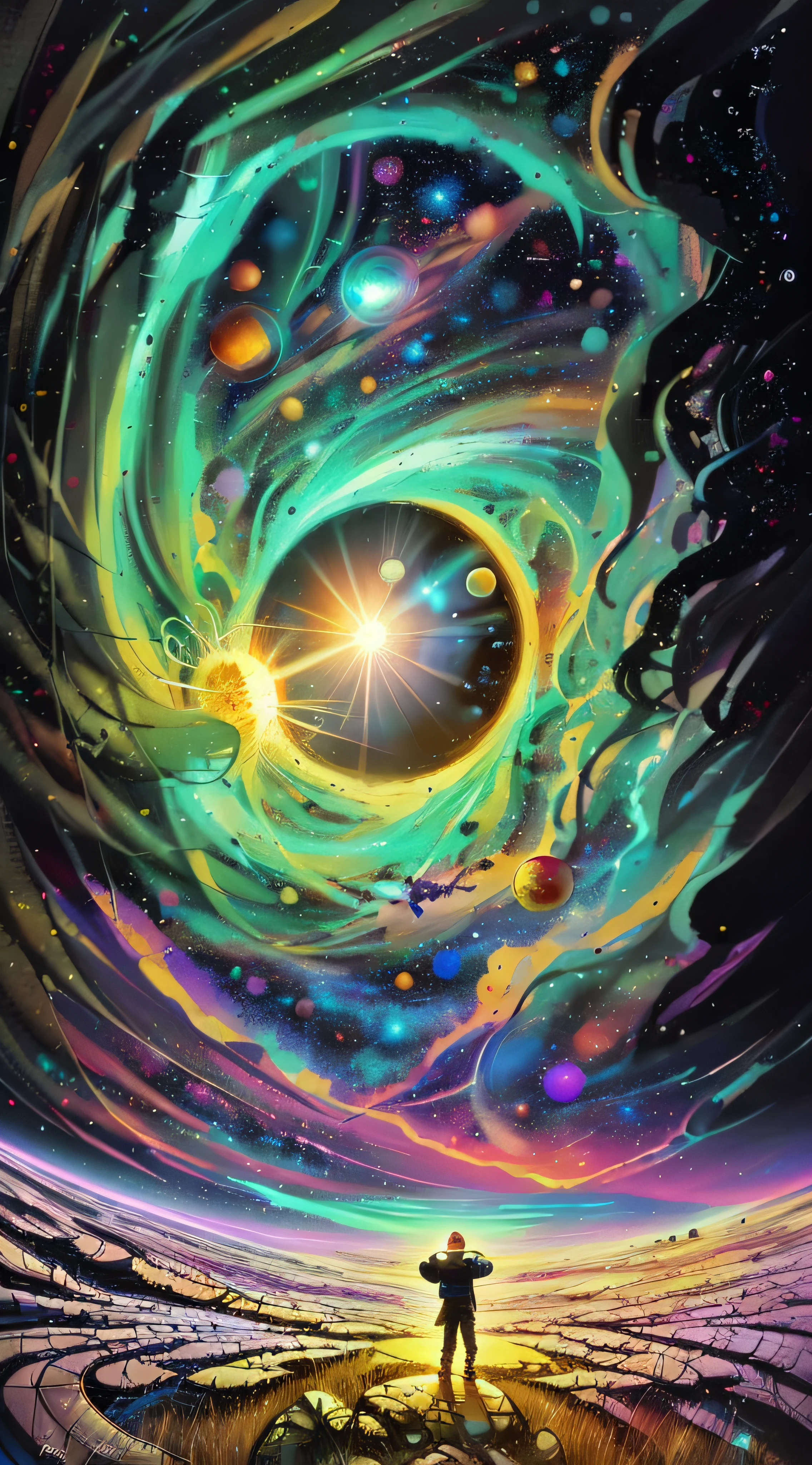 person, standing in front of a space portal overlooking the sun, Cyril Rolando and Goro Fujita, A portal to another universe, inspired by Cyril Rolando, Portal to another dimension, world, visible only through the portal, high quality fantasy stock photo, Portal to another world, Portal to outer space, in the style of Cyril Rolando,  Looking into space, universe, Magical Galactic Portal, The Cycle of the Stars, God