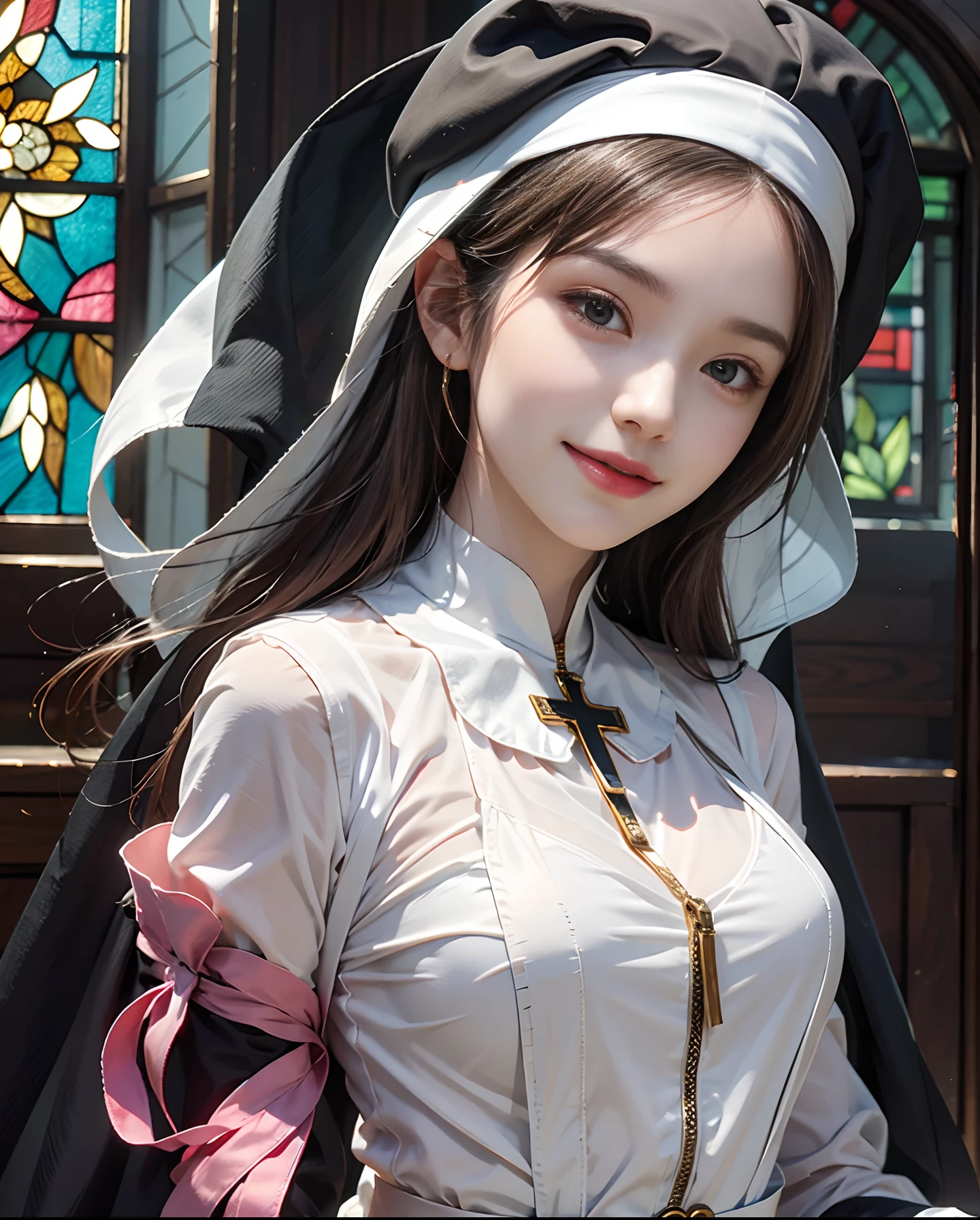 masutepiece、hight resolution、Nun costume、２５Old Female、１girl with、Look at the viewer、smil、Okappa、The background is a monastery、Beautiful stained glass、the skin is white and transparent、Beautiful nun praying to God、Angel Smile、the skin is white and transparent、Paws are thin and beautiful,high-heels、