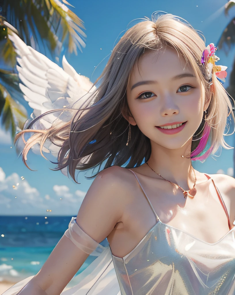 masutepiece、hight resolution、１girl with、Beautiful now、18year old、petite figure、Look at the viewer、smil、short-cut、Glitter background、、the skin is white and transparent、Colorful summer clothes、off shoulders、Angel Smile、Look here and smile、