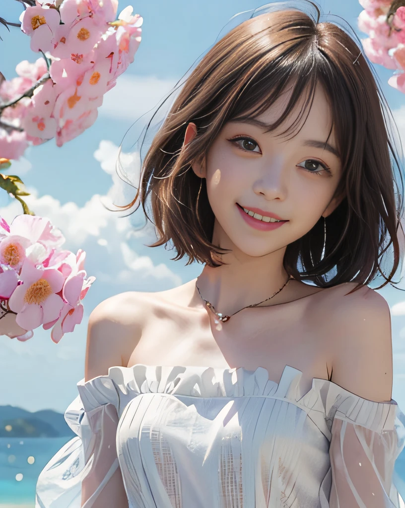 masutepiece、hight resolution、1girl with、Beautiful now、18year old、petite figure、Look at the viewer、smil、short-cut、Glitter background、、the skin is white and transparent、Colorful summer clothes、off shoulders、Angel Smile、Look here and smile、