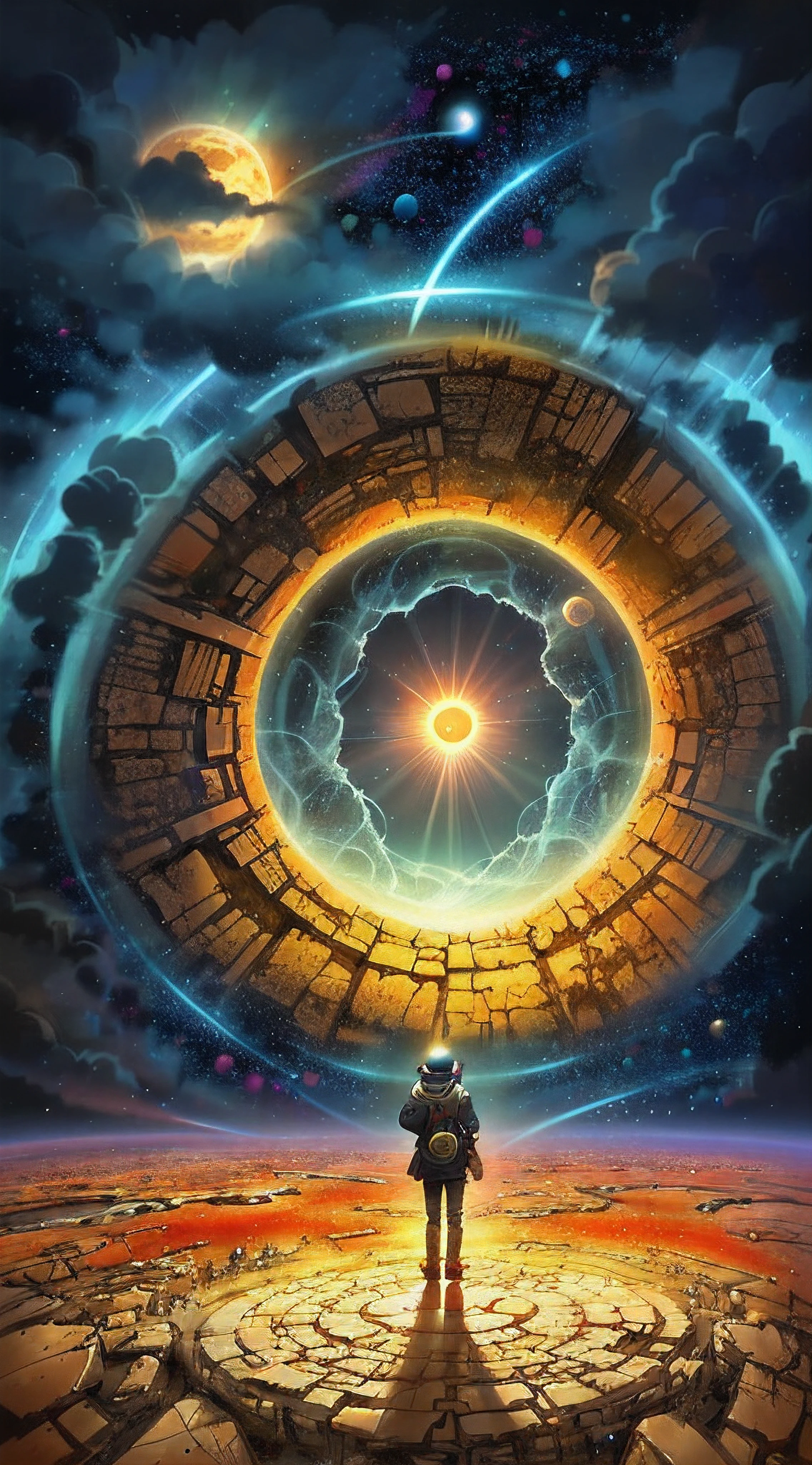 person, standing in front of a space portal overlooking the sun, Cyril Rolando and Goro Fujita, A portal to another universe, inspired by Cyril Rolando, Portal to another dimension, world, visible only through the portal, high quality fantasy stock photo, Portal to another world, Portal to outer space, in the style of Cyril Rolando,  Looking into space, universe, Magical Galactic Portal, The Cycle of the Stars, God
