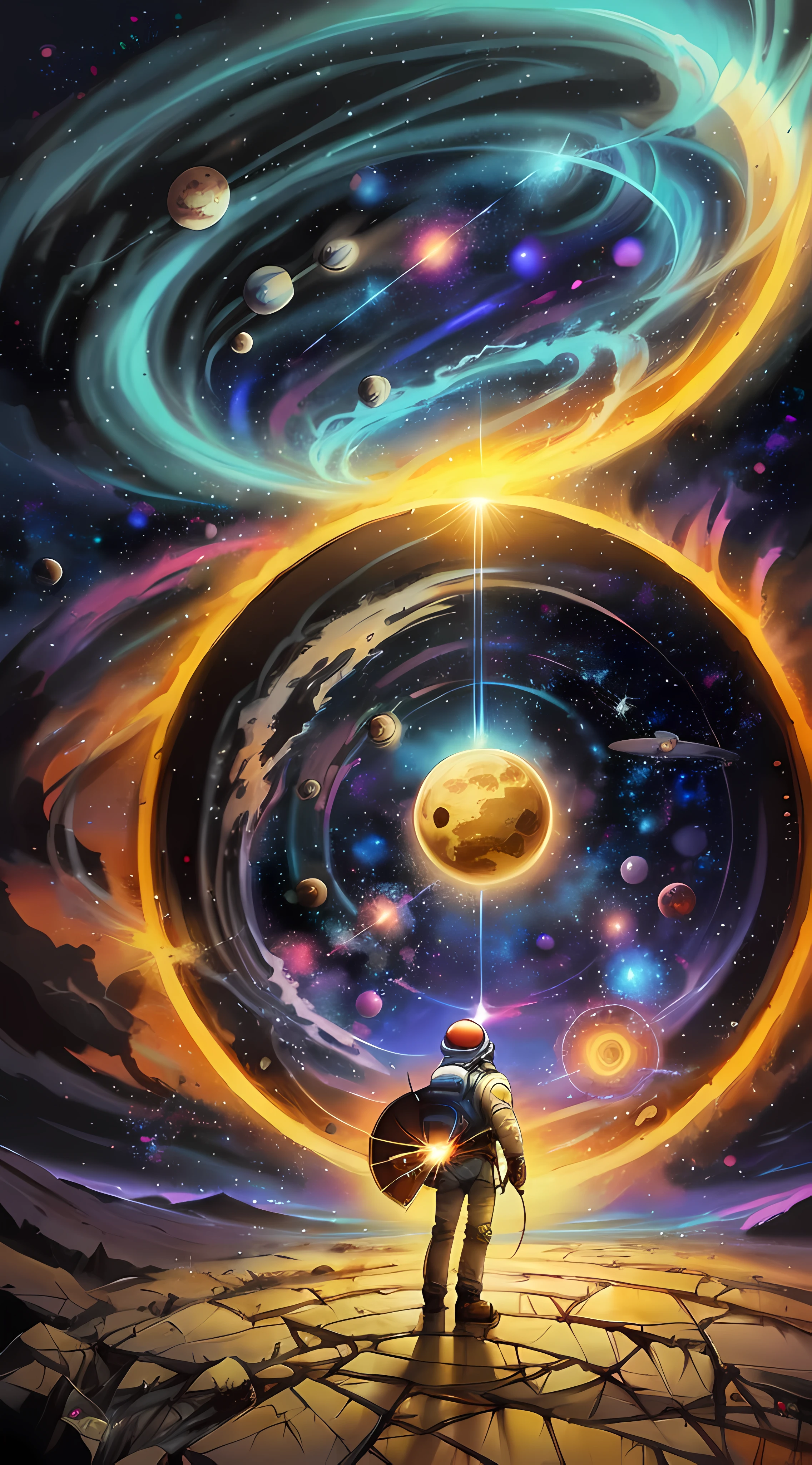 person, standing in front of a space portal overlooking the sun, Cyril Rolando and Goro Fujita, A portal to another universe, inspired by Cyril Rolando, Portal to another dimension, world, visible only through the portal, high quality fantasy stock photo, Portal to another world, Portal to outer space, in the style of Cyril Rolando, Looking into space, universe, Magical Galactic Portal, The Cycle of the Stars, God