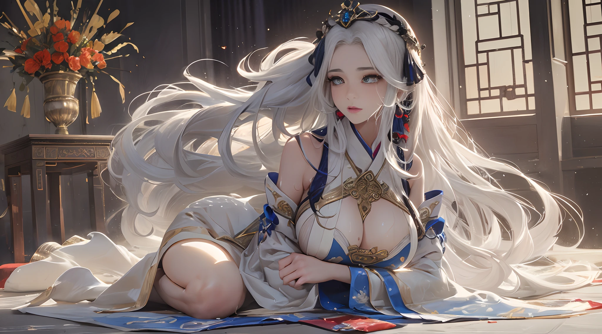 The ultimate masterpiece，(Fidelity:1.2)，((，Raised sexy))，((Asian girl))，((cabelos preto e longos)),Unlimited scenery，(White:1.2+White:1.1,Delicate skin)，((Bigchest))，((BodyProportions：1：1)),((Heterochromic pupils)),((ornate decoration))，((sweat leggs)),(semi transparent:1.1)，Looming，((red color Hanfu))，((Empress Fan，Lie on the sofa))，(lisses: 1.1)，(Clear curve details: 1.1)，(adolable: 0.9)，(Shiny: 1.1)，(goddes: 1.2)，Domestic style，The warmest yellow，The environment is mysterious and elegant，((The model is beautiful and sexy))，slightly fat big breasts，((full body concept)),