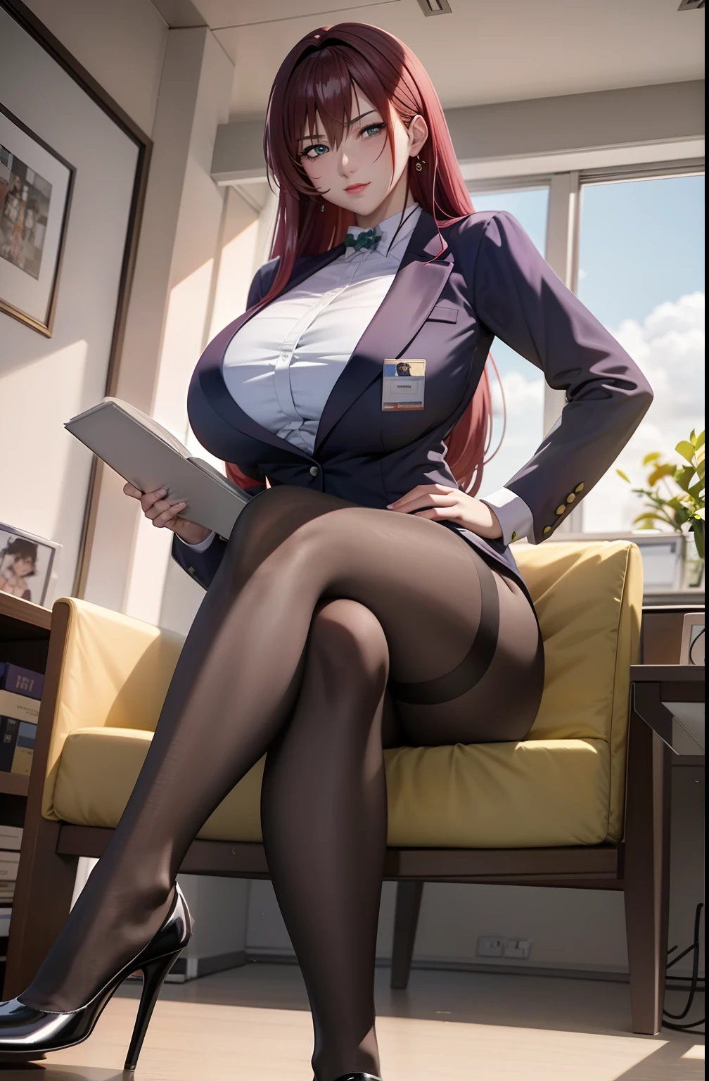 Anime characters sitting on chairs，With a book on his lap, seductive anime girls, (sfv) safe to work, by Yang J, beautiful anime girl crouching, [ 4 K digital art ]!!, Guviz, On a table, Range Murata and Artgerm, Smooth anime CG art, office clothes, beautiful and seductive anime woman