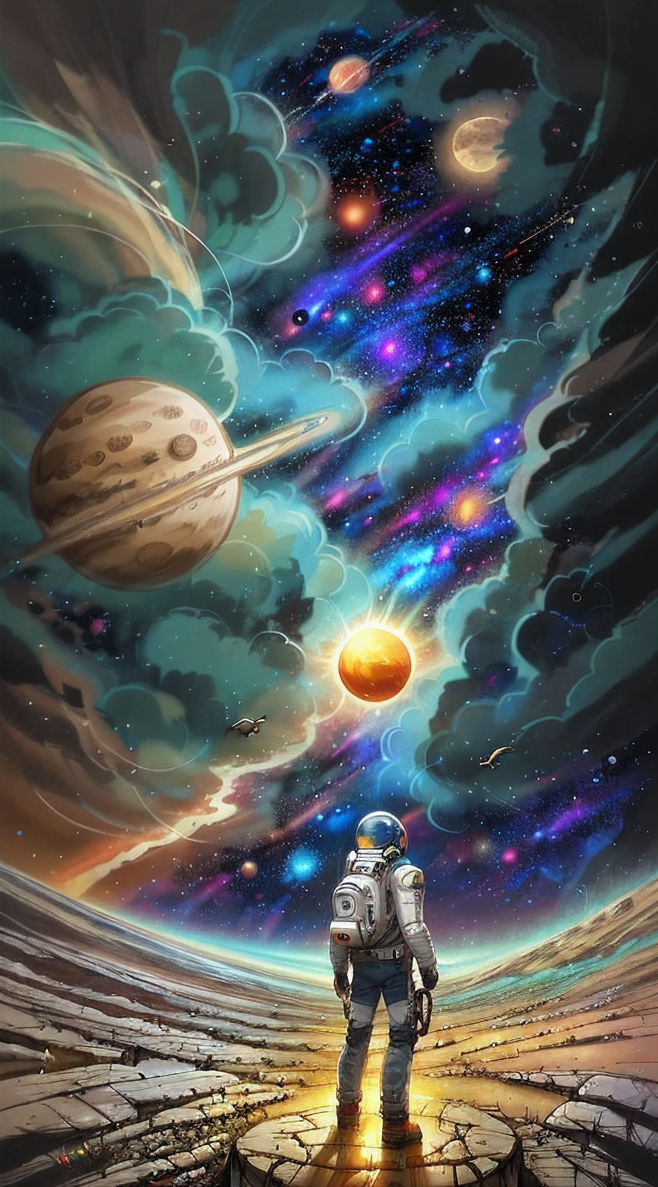 person, standing in front of a space portal overlooking the sun, Cyril Rolando and Goro Fujita, A portal to another universe, inspired by Cyril Rolando, Portal to another dimension, world, visible only through the portal, high quality fantasy stock photo, Portal to another world, Portal to outer space, in the style of Cyril Rolando,  Looking into space, universe, Magical Galactic Portal, The Cycle of the Stars, God