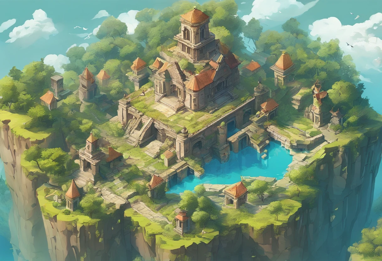 floating island, Decaying ruined cities and land in the sky, where once a prosperous city was formed, but the buildings made of stone and wood have decayed and are dominated by the life force of plants and trees. Ancient ruins, uninhabited, a paradise for birds, Artificial fountains, overhead view from a distance, angles from the sky, fantasy worlds,