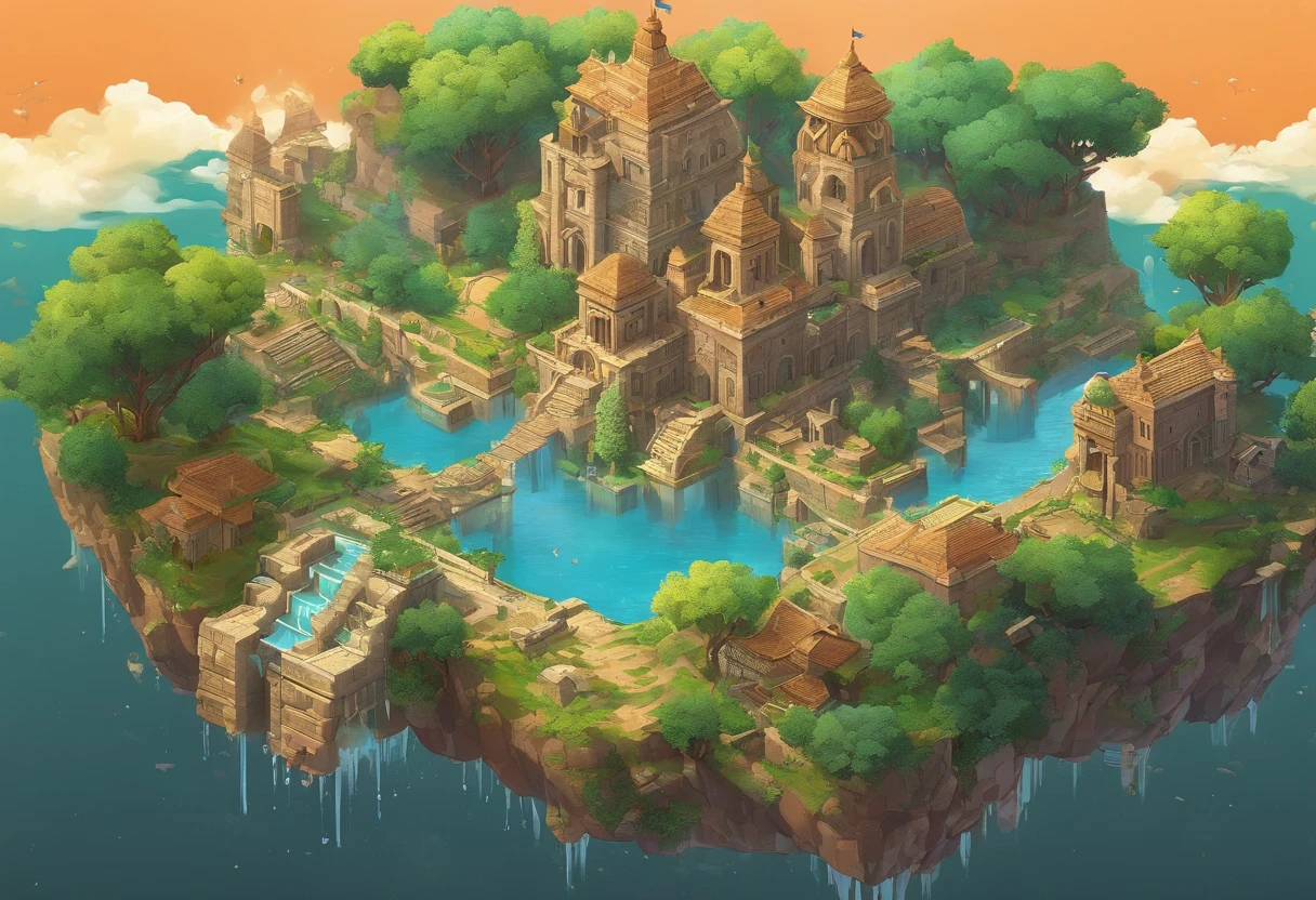 floating island, Decaying ruined cities and land in the sky, where once a prosperous city was formed, but the buildings made of stone and wood have decayed and are dominated by the life force of plants and trees. Ancient ruins, uninhabited, a paradise for birds, Artificial fountains, overhead view from a distance, angles from the sky, fantasy worlds,