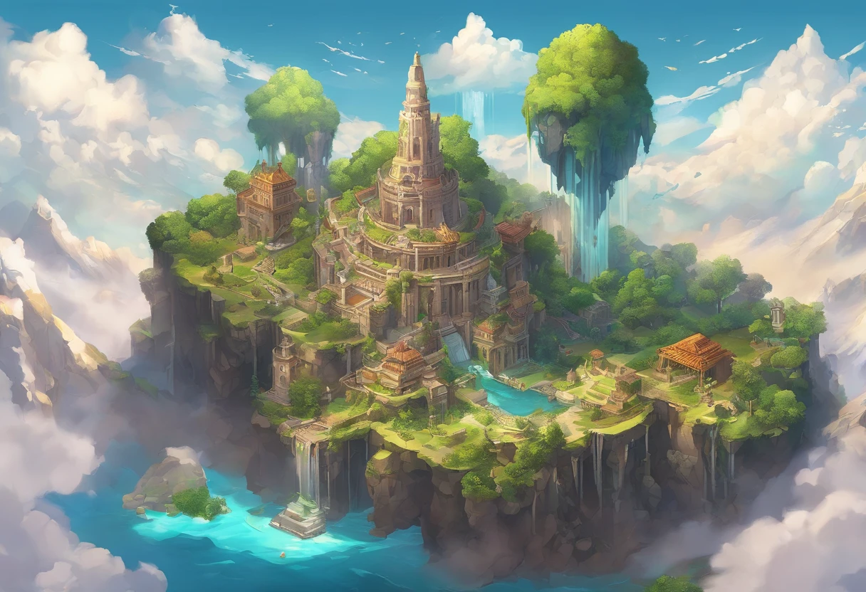 floating island, Decaying ruined cities and land in the sky, where once a prosperous city was formed, but the buildings made of stone and wood have decayed and are dominated by the life force of plants and trees. Ancient ruins, uninhabited, a paradise for birds, Artificial fountains, overhead view from a distance, angles from the sky, fantasy worlds,