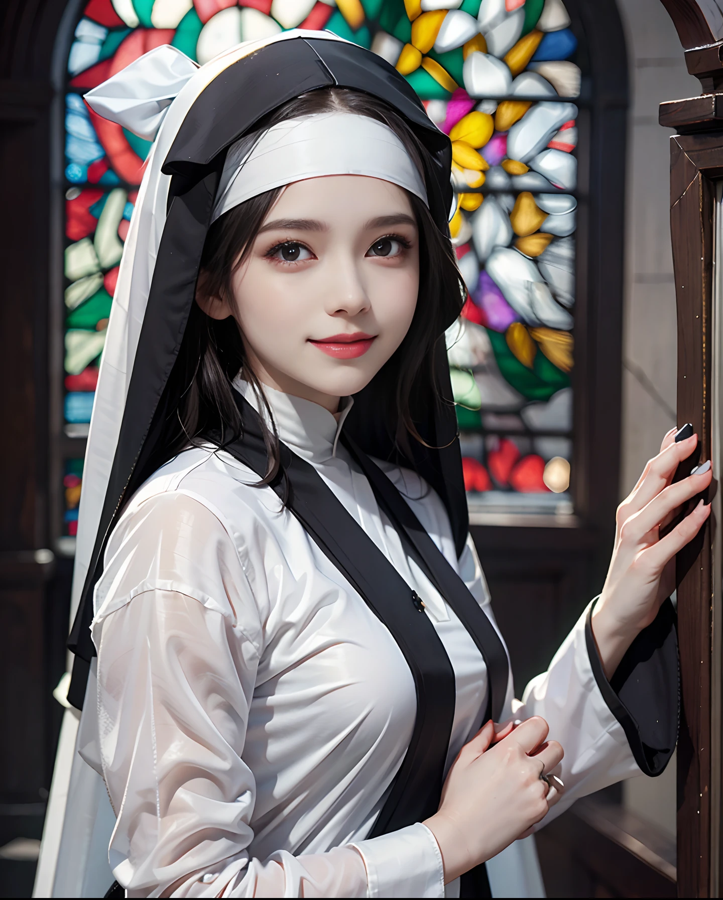 masutepiece、hight resolution、Nun costume、２５Old Female、１girl with、Look at the viewer、smil、Okappa、The background is a monastery、Beautiful stained glass、the skin is white and transparent、Beautiful nun praying to God、Angel Smile、the skin is white and transparent、Paws are thin and beautiful,high-heels、