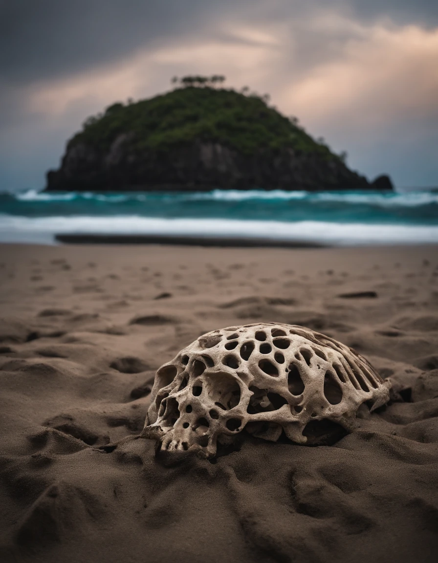 an extreme closeup shot：A desolate island in the middle of the ocean with grit，There is a dark word HELP on the sand，And a skeleton，bird's eyes view