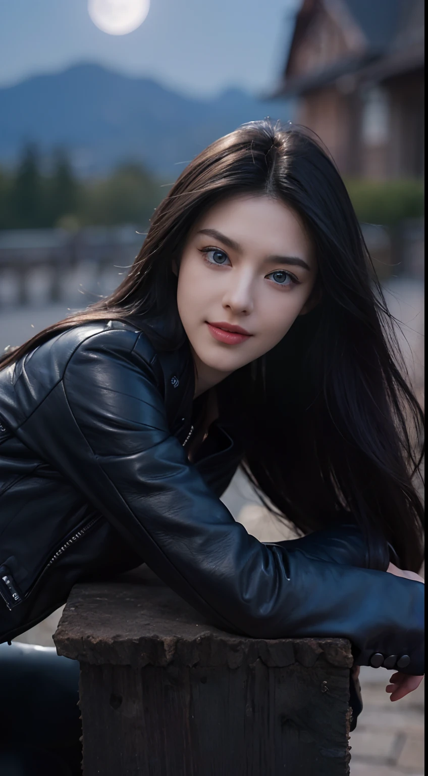 8K, Top Quality, Intricate Details, Ultra Detail, Ultra High Resolution, Masterpiece, random angle, Slender, Smile, (Makeup: 0.4), (Fluffy Blue Eyes: 1.21), blue Eyes, looking at viewer, ((full body)), 1girl, solo, 1 girl, (( full body)), close up shot, , ((tall)), (((fit body))), (((slim face))), sharp face, sharp eyes, (((black hair, long hair, )) (detailed face), sharp face, small lips,
(( leather jacket)), detailed face, detailed breast, , large breast, detail ass, , Beautiful girl with accentuated slender abs: 1.4, Six Pack Abs: 1.4, Bust Botox, Big, Perfect Body, detail leg, (( moonlight)), top of mountain