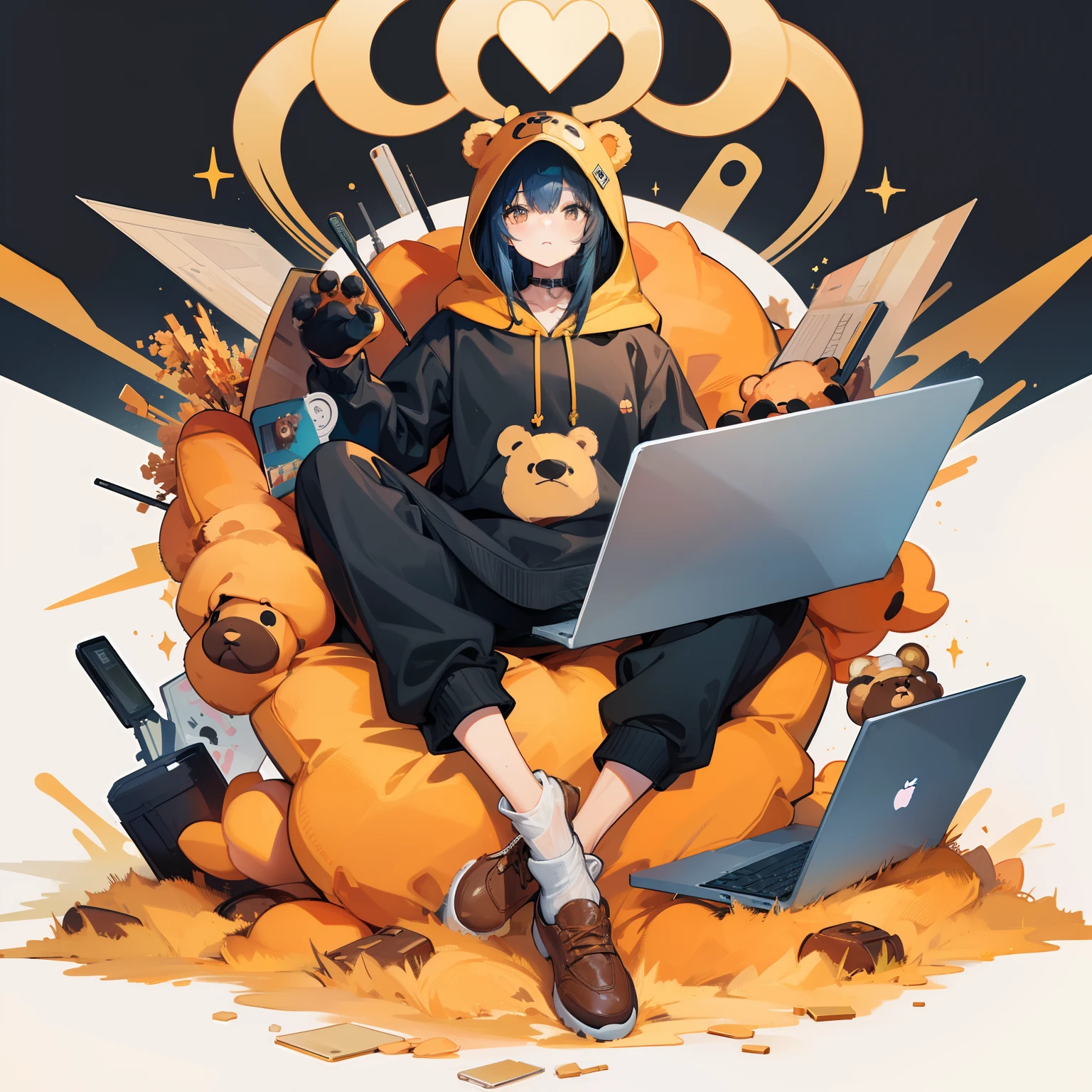 (Mouthpiece, top quality, illustration, very high quality, very delicate writing),Full body, bear face, bear ears, bear hands, bear man eating hamburger, full body covered in hair, wearing gold cap, wearing hoodie, lively, no background, one person, laptop