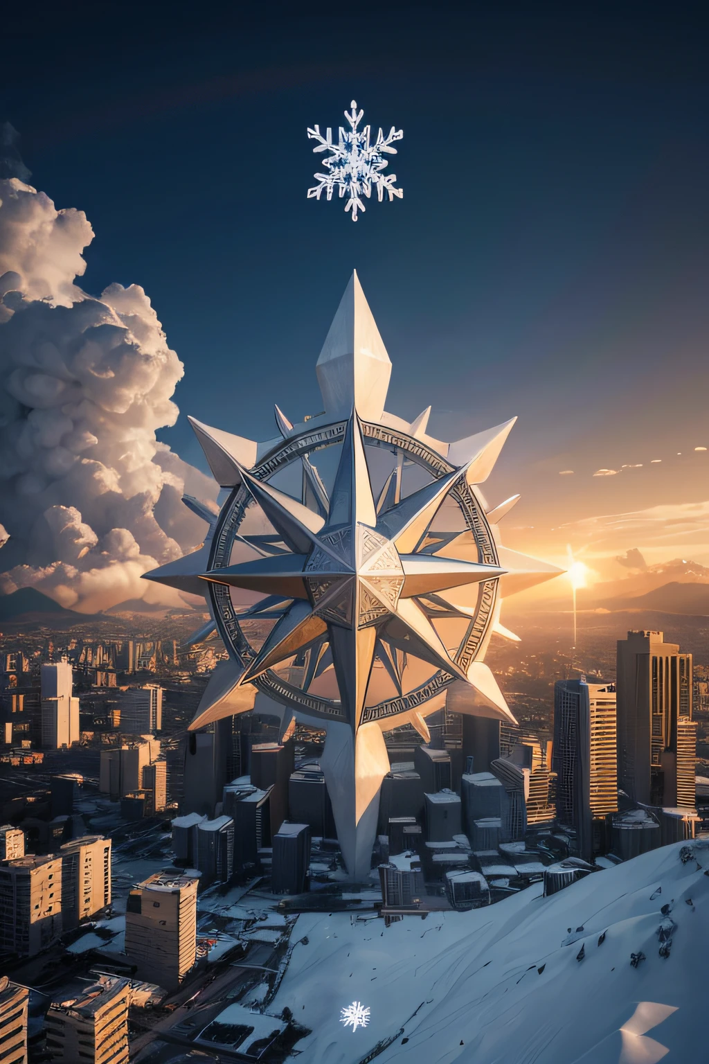 There's a snowflake with a snowflake in the middle of it, jungian symbols of winter, O melhor do Adobe Stock, Compass energy flowing, Marcos Adamus, CENTRO OESTE CIDADE BRASILEIRA FUNDO paisagem, renderizado em keyshot, Climate effect HEAT , in LIGHT SMOKE BUILDINGS, summer season, CIDADE QUENTE, surreal, sun is in the top, PAISAGEM URBANA QUENTE