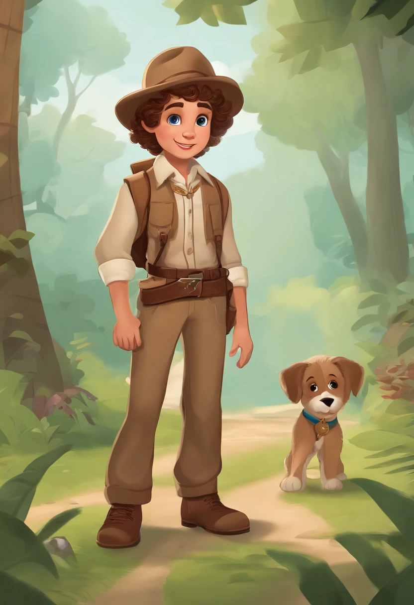 names: George described: George is a cool six-year-old boy, Curly brown hair and crystal green eyes. He is a fearless adventurer,Always ready to explore new places,Discover exciting things. suits: George wears an adventurous outfit,Includes a pink short-sleeved shirt,There are purple polka dot details on it, Team it with brown trousers and medium boots. She also wears a brown explorer hat,A blue ribbon is tied on it, Holding a treasure map in both hands and watching,Perfect to complement your adventure look. Fundo: These images show George in its entirety, Highlight his lively and adventurous expression. Create contrast, background is white, Make George stand out,Convey a sense of freedom and open space for his adventures.