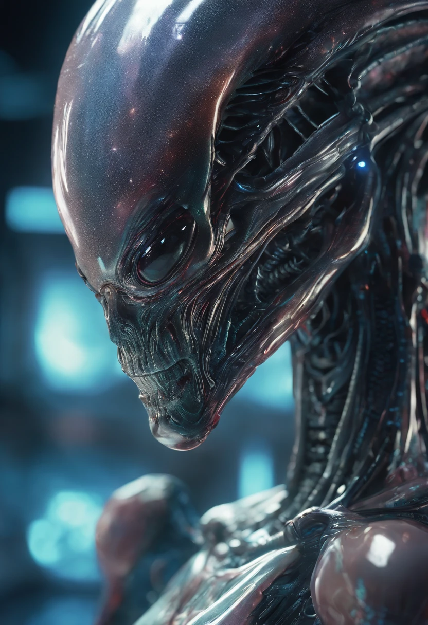 Van Terchall, Translucent ethereal alien with delicate features on a sci-fi setting, Shine from the inside out, Sparks and lights, do lado de fora, Lua, Close-up, Realistic, highly detailed, 复杂