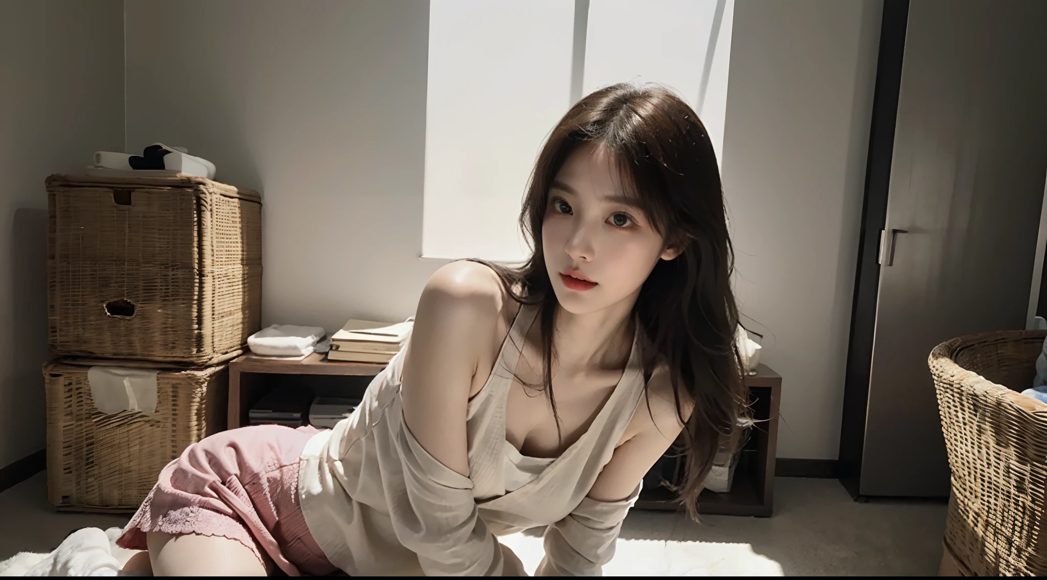 (High-resolution 8K raw photos are realistic,best qualtiy)，Fashion trendy beautiful and charming woman，gentle and charming Chinese beautiful woman，Korea,Kpop idol，delicate and sexy collarbones，charming oval face，二重まぶた，Ingenious[peaches]flower eyes，redish pink lips，small-nose，exposed bare shoulders，focus at face，closeup of face，Hyper-detailing，(The shirt is tight，Fashion blot，Light shawl small coat，White hip wrapped skirt:1.2)，Light red hair，Background bokeh，cleavage，long leges，(Seven-doppelganger shot，中景 the scene is，Solo：1.4)，Lace，lacing， Fresh and impressive， natural color，(A desert，Gobi，rays of sunshine，outside，stocklings)，Front light，sat on the ground