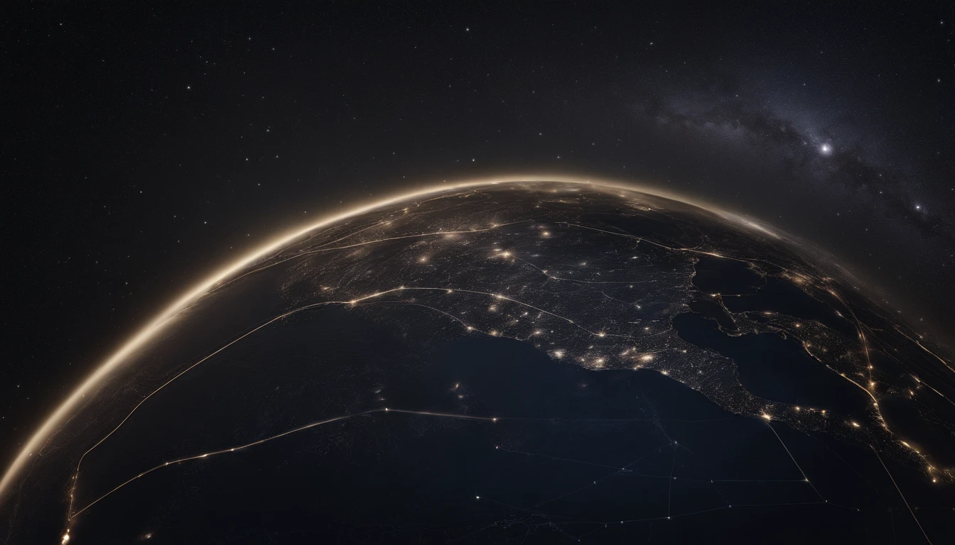 outer space star map, neon LED lines, dotted lines, paths through the constellations, space map