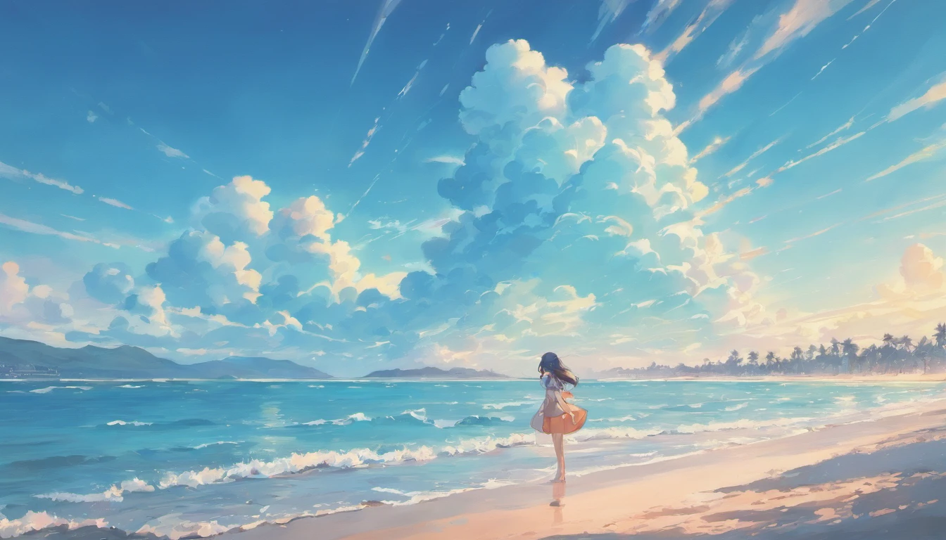 Palm-fringed beach, clouds、Wings and waves, breezy background, Airbrush illustration, background artwork, Beach background, anime backgrounds, clouds and waves, Anime background art, Island background, highschool background, Anime Sky, vaporwave ocean, Tropical atmosphere, arte de fundo, vaporwave surreal ocean, A beautiful artwork illustration