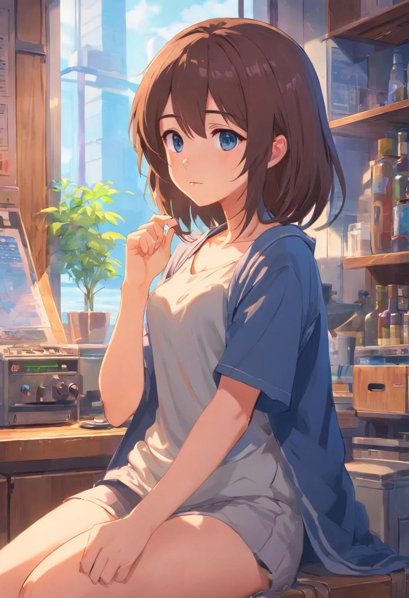 best qualtiy, High resolution, Detailed 4K CG, masutepiece, Awesome art, Fine details, high details, intricate-detail, Blue Long Hair, Girly feel, Big eyes, pure lust, lovely, Young and Beautiful，Pubic hair beauty，Expose navel，Shy girl，Bigchest，Untidy clothes
