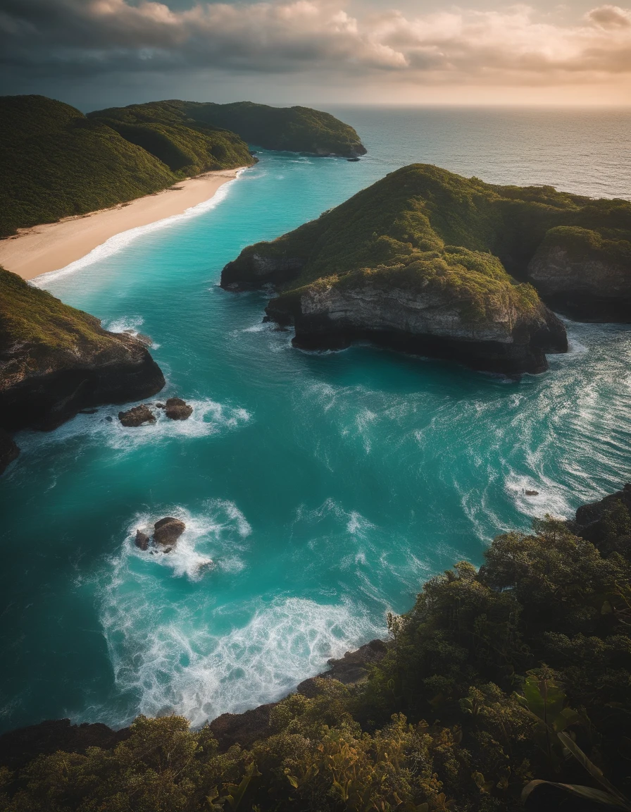 God perspective，Beach island in the middle of the ocean，There is the word HELP on it