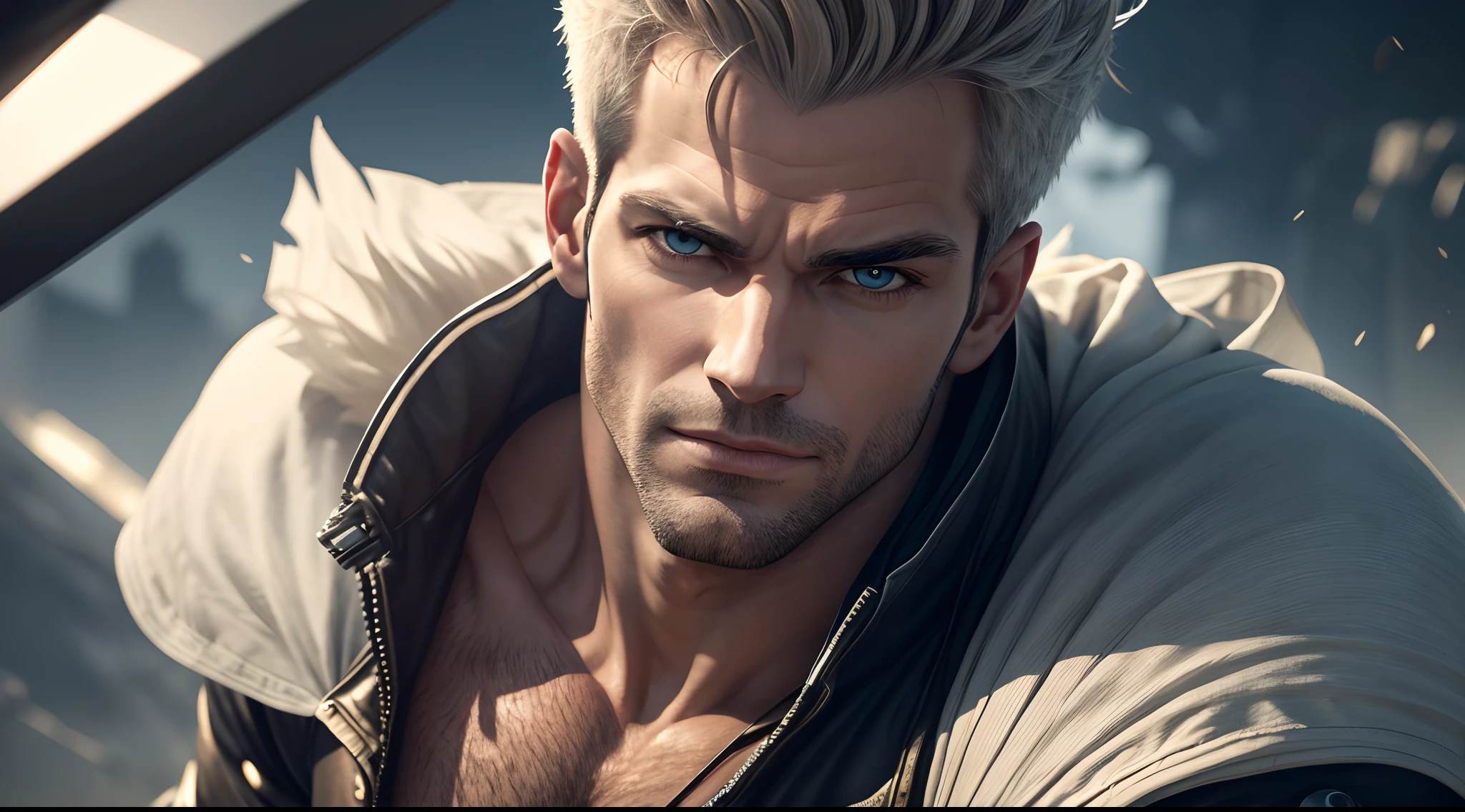 " (Upper body portrait 1.2) Handsome Garou is a true masterpiece, perfect anatomy, When looking at his beautiful eyes, with charming, attractive eyes, his gaze is directed towards the viewer that you have You can clearly see every little detail and every perfect line, every little detail on the skin in 8K quality, people are attracted by the confidence emanating from every look, the face is drawn in great detail. details in 8K image quality, battle in the background, which further increases his confidence.”