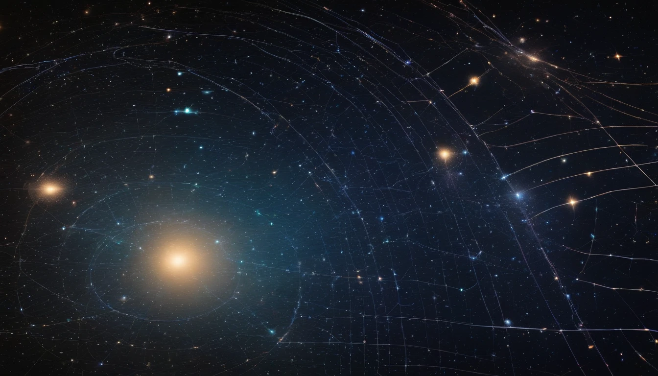 outer space star map, neon LED lines, dotted lines, paths through the constellations, space map