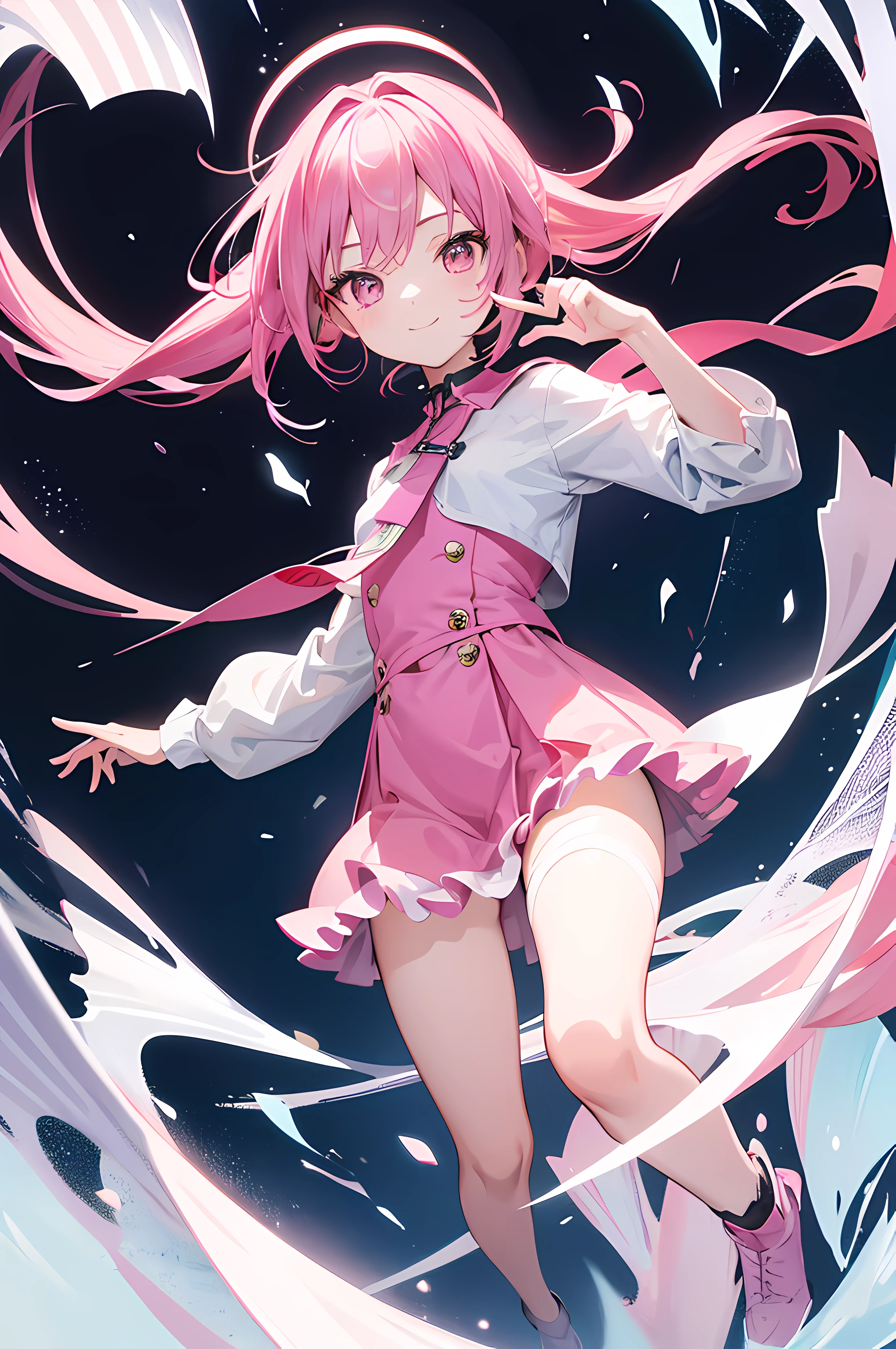 masterpiece、A smile、1girl in、Fulll body Shot(Full body shot)、A pink-haired、Pink costume、Lori、top-quality、Stylish、shinny skin、Kawaii Girl、Challenging face、a cool、Strong、long、action、独奏、Pink eyes、Cool Girl、full body Esbian、white backgrounid、simple background、solidbackground