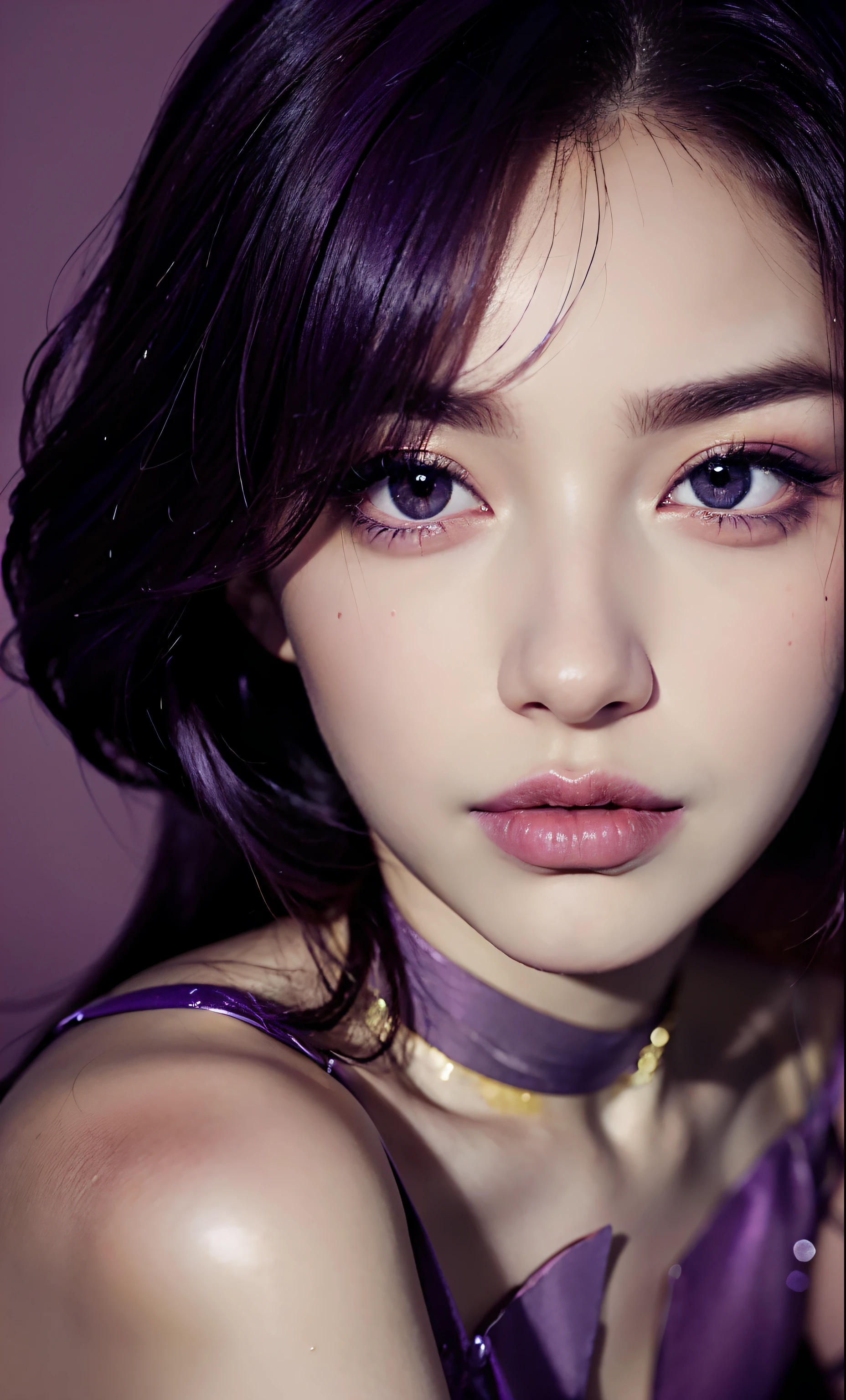 (32k) 16k, 8k, 4k, super fine face, small mouth, lip biting makeup, effeminate, purple hair, purple eyes, high resolution, perfect. Portrait.