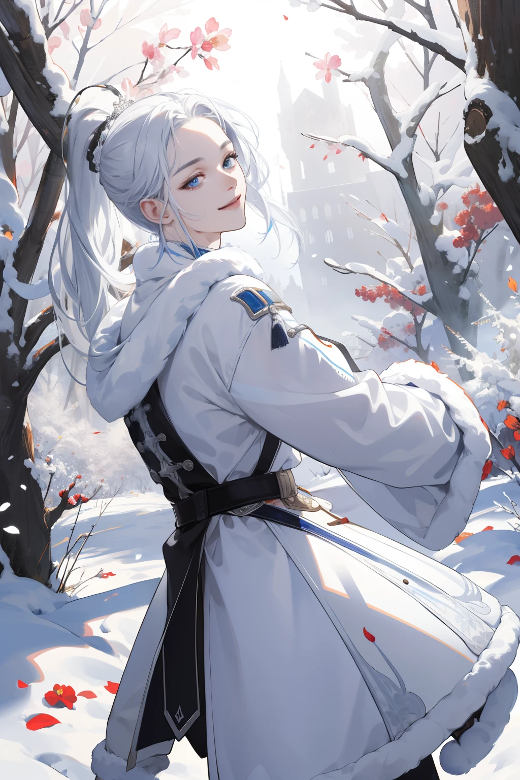 (absurdres, highres, ultra detailed), masterpiece, fine detail, 4k, 8k, 12k, solo, 1boy, handsome boy, white male, zundamon, 22 years old, young, Snow, winter, White hair, long hair, Hair tied in a ponytail, White winter clothes, white animal fur as coat, Pale blue eyes, sunlight filtering through snow, medieval finely detailed eyes and detailed face (smile), (shy), extremely detailed CG unity 8k wallpaper, intricate details, BREAK , kaleidoscopic imagery, symmetrical patterns, vibrant colors, geometric shapes, mesmerizing designs, optical illusions, dynamic composition BREAK , pantomime art, expressive body language, silent storytelling, evocative gestures, visual narratives, theatrical performances BREAK , blooming flowers, colorful petals, fragrant scents, nature's bounty, vibrant snow, peaceful scenery