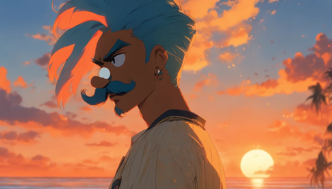 A Naval soldier with a mustache standing on a beach at sunset, blue hair tied up in a bun, round sunglasses, the mood is somber
