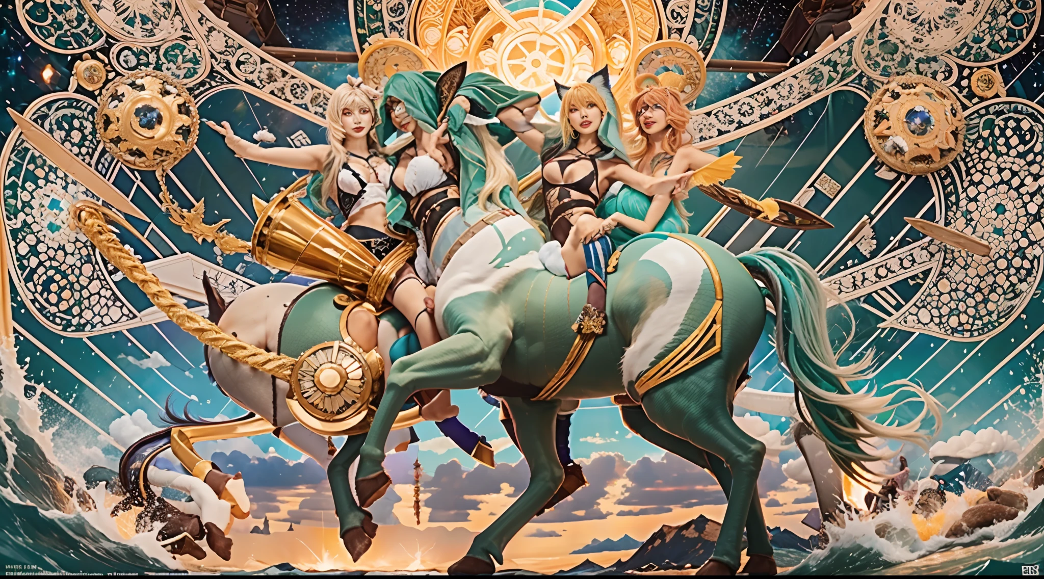In the beautiful illustration of this super-grand scene,The ultra-distant lens shows us(Over eight unique centaur characters:9.9),(Traveling through the stars:9.9),They all have their own characteristics,Vivid and interesting。Radiant from the heavens(angelicales:6.6)Like centaurs、To nightmarish is(Surrounded by flames:6.6)of the hellish centaurs、And then to the wind dancing in the air(fairy:6.6)centaur horse、And thunder and lightning surrounding(Unicorn:6.6)centaur horse,and shining metallic ones(Machinary:6.6)centaur horse、And then to color(Dragon scales covered:6.6)The strength of the whole body is a powerful dragon centaur、Elegant and agile(the elf:6.6)The centaur's slender and graceful lines always wear a flower crown、Enchanting and charming(Tiflin:6.6)centaur horse、Have the indescribable(Raised sexy:6.6)'s(succubi:6.6)centaur horse。Each character has their own unique charms and abilities。The illustration uses advanced artistic techniques and tools,(Divide the scene into sections by geometric arrangement:9.9),Each section corresponds to a centaur character,This makes more efficient use of space。Through Midjourney's advanced brush tools、Color palette、Material packs and model packs、Texture tools,For each centaur, beautiful props are designed to increase racial characteristics、Clothing and physical features,(Enhances the character's personality and visual appeal:2.5)。The scenery in the illustrations is stunning,There are changing skies、rainbowing、extreme light、Stars and Moon。Incorporating iconic landmarks such as Mount Everest,and fireworks、tranquil lake、Natural and urban elements of waves and neon lights,Creates a magical atmosphere。The centaurs display their unique abilities and equipment in a variety of environments,This is true even in extreme alien landscapes。(Use Midjourney's tools、Material packs、Texture tools、The color palette makes depicting details vivid and realistic:9.9),From complex hairstyles and as well as different racial traits、Body、Appearance featu