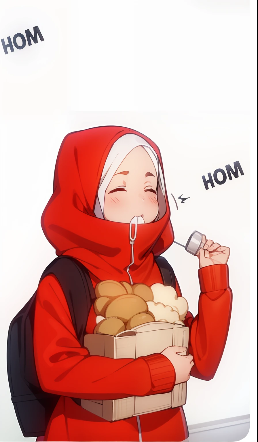 1girl, ultra detail, realistic, 70mm inc, white hijab,his eyes were closed, his cheeks were chubby while he was chewing, His hands are holding food, his mouth is chewing food, the food is smoky