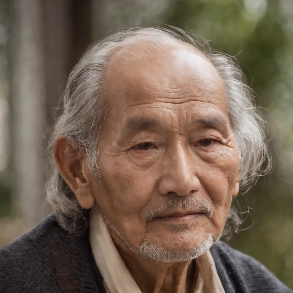 **Physical features：**
- There are obvious wrinkles on the face of the old man，Showing the traces of time，It shows that he has gone through a long life course。
- He has silvery-white hair，Hair may be curly，It shows the vicissitudes of age。
- The old man's eyes were bright and deep，Reveals deep wisdom and insight。

**face expression：**
- The facial expression of the old man is peaceful and warm，Slight smile，Exudes a friendly and inclusive atmosphere。
- His eyes look into the distance，As if deep thought and reflection。

**Atmosphere and character：**
- The picture conveys a deep wisdom and inner peace，Emphasize the knowledge and experience of the elderly。
- The old man represents the passage of time and the accumulation of wisdom，His presence is reassuring and inspiring。