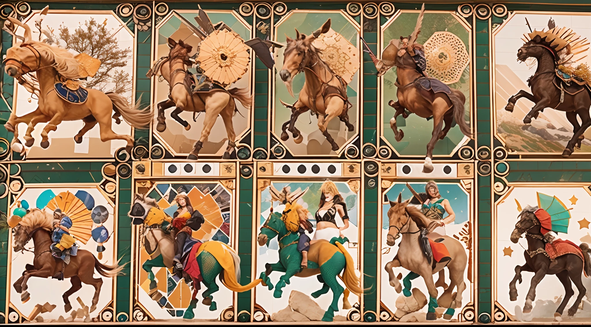 In the beautiful illustration of this super-grand scene，The ultra-distant lens shows us（Over eight separate and distinctive centaur characters：9.9），They all have their own characteristics，Vivid and interesting。Radiant from the heavens（Angelic centaurs：6.6），To nightmarish is（Centaurs surrounded by flames：6.6）、And then to the wind dancing in the air（Fairy centaurs：6.6）、And thunder and lightning surrounding（One-horned centaur：6.6），and shining metallic ones（Mechanical style centaur：6.6）、And then（A centaur with colorful dragon scales covering the whole body：6.6）The power is powerful、Elegant and agile（Elf centaur's slenderness：6.6）Gracefully wears a flower crown、Enchanting and charming（Tiflin centaurs：6.6）、Have the indescribable（Raised sexy：6.6）'s（Succubus centaurs：6.6）。Each character has their own unique charms and abilities。The illustration uses advanced artistic techniques and tools，（Use nesting、woven、stitching、ssee-through、arrange、grouping、Storyboards and other methods，Divide the scene into sections by geometric arrangement：9.9），Each section corresponds to a centaur character，This makes more efficient use of space。Through Midjourney's advanced brush tools、Color palette、Material packs and model packs、Texture tools，For each centaur, beautiful props are designed to increase racial characteristics、Clothing and physical features，（Enhances the character's personality and visual appeal：2.5），The scenery in the illustrations is stunning，There are changing skies、rainbowing、extreme light、Stars and Moon。Incorporating iconic landmarks such as Mount Everest，and fireworks、tranquil lake、Natural and urban elements of waves and neon lights，Creates a magical atmosphere，The centaurs display their unique abilities and equipment in a variety of environments，This is true even in extreme alien landscapes。（Use Midjourney's tools、Material packs、Texture tools、The color palette makes depicting details vivid and realistic：9.9），From complex hairstyles and as well as different racial traits、Body、Ap