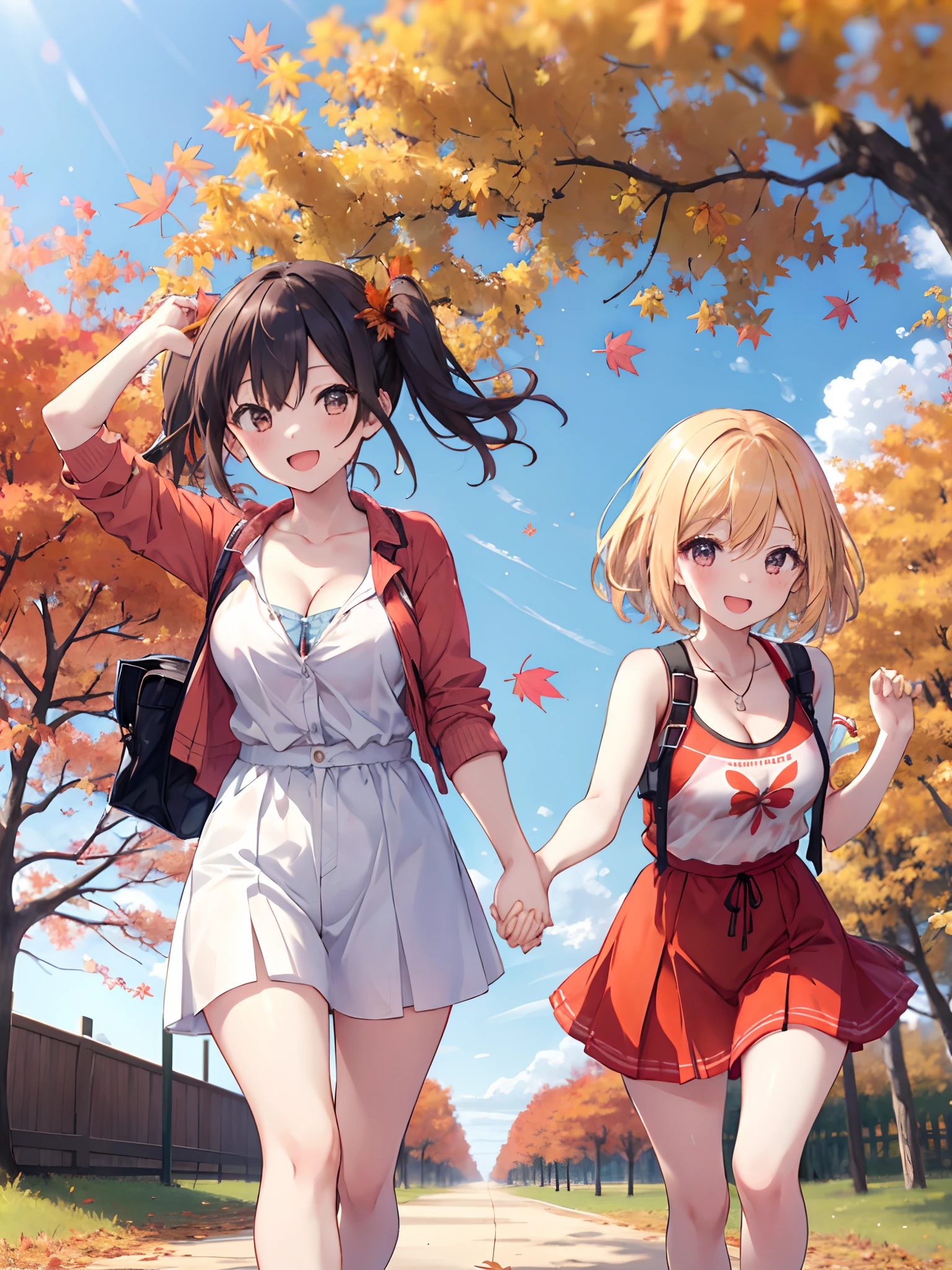 2girls, running each other, autumn, maple tree,  joyful smile, one girl running from behind, cleavage, holding hands, chic clothes