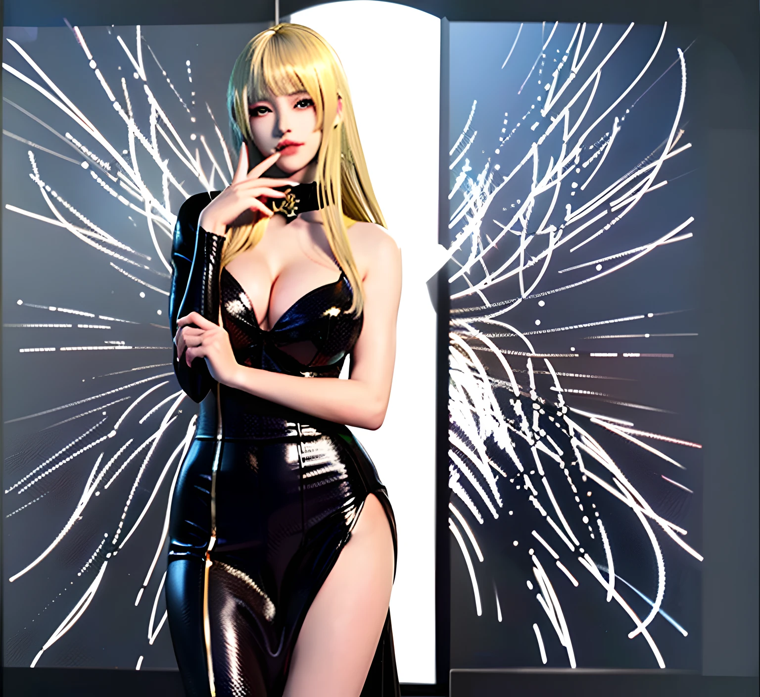 Anime girl in black dress with long blonde hair and chalk, huge tit、Big breasts、a female anime character, anime girl wearing a black dress, misa amane *, beautiful alluring anime woman, ( ( misa amane # ) ), blonde anime girl with long hair, King of Fighters character, misa amane, Anime girl named Lucy, Seductive Anime Girl, anime woman