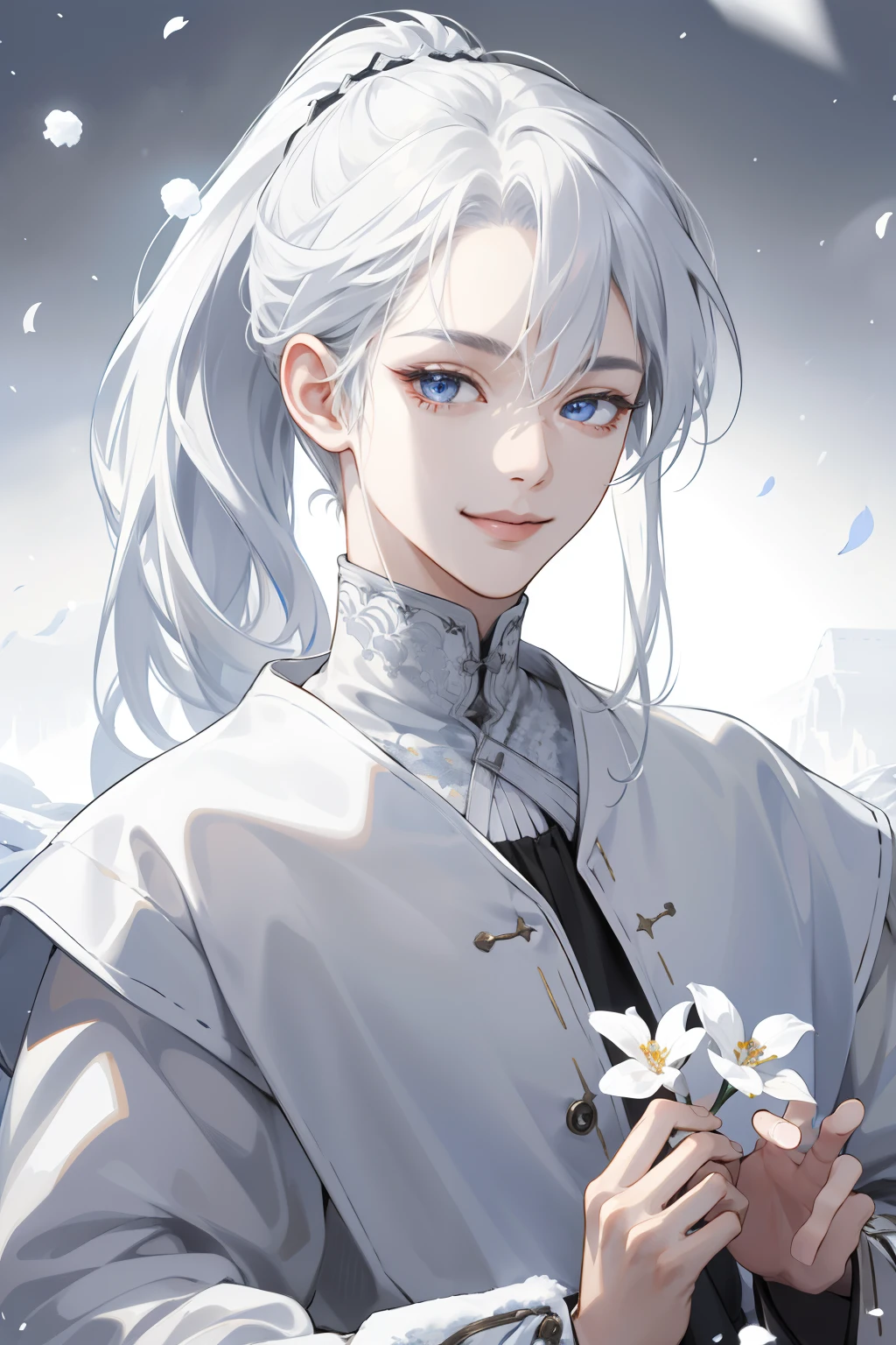 (absurdres, highres, ultra detailed), masterpiece, fine detail, 4k, 8k, 12k, solo, 1boy, handsome boy, white male, zundamon, young, Snow, winter, White hair, long hair, Hair tied in a ponytail, White winter clothes, white animal fur as coat, Pale blue eyes, sunlight filtering through snow, medieval finely detailed eyes and detailed face (smile), (shy smile), extremely detailed CG unity 8k wallpaper, intricate details, BREAK , kaleidoscopic imagery, symmetrical patterns, vibrant colors, geometric shapes, mesmerizing designs, optical illusions, dynamic composition BREAK , pantomime art, expressive body language, silent storytelling, evocative gestures, visual narratives, theatrical performances BREAK , blooming flowers, colorful petals, fragrant scents, nature's bounty, vibrant snow, peaceful scenery, Snow Background, Snow and grass