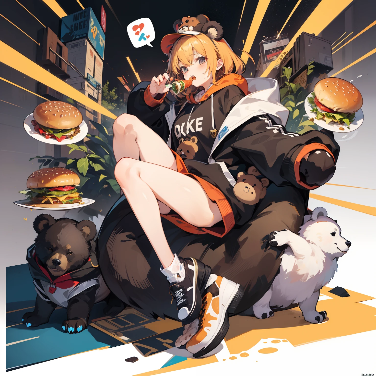 (mouthpiece, of the highest quality, Illustration, Very high quality, extremely delicate writing),Full body, Bear face, Bear ears, Bear hands, Bear man eating hamburger, The whole body is covered in hair, Wear a gold hat, Wearing hoodie, Lively, No background, One Person, Note PC