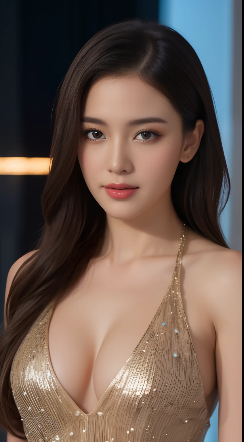 Ultra detail, high resolution, Ultra detailed, Best quality, Amazing, Top quality,Unified 8K wallpapers, Cinematic lighting, (fully body photo：1.6)，(Sexy beauty)，Third-grade female star，Wear sexy light mature low cut V-neck sequin silk dress