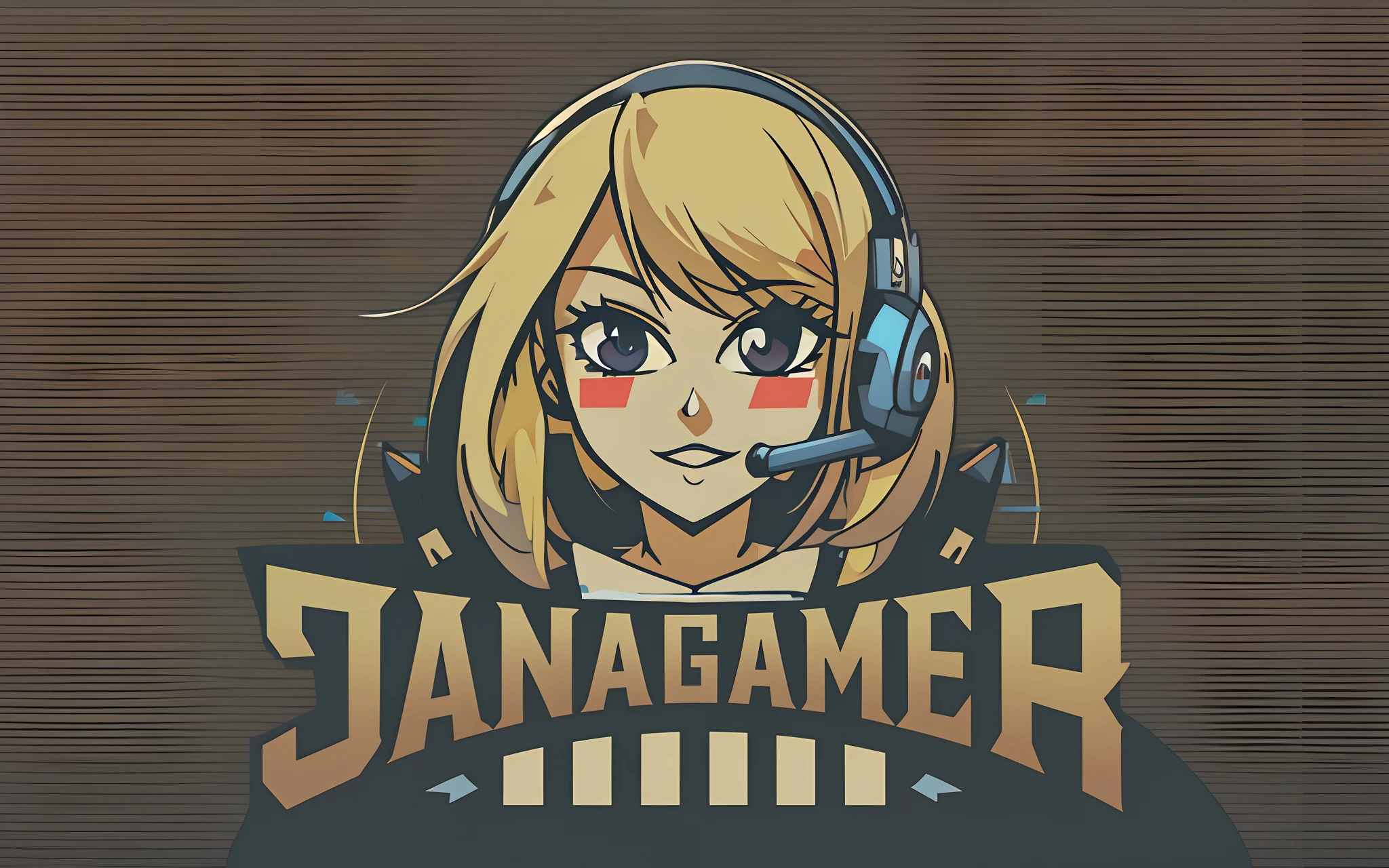 logo vector design with the text: "Jana Gamer", cute gamer blonde woman with dark brown colors eyes, anime style, colorful