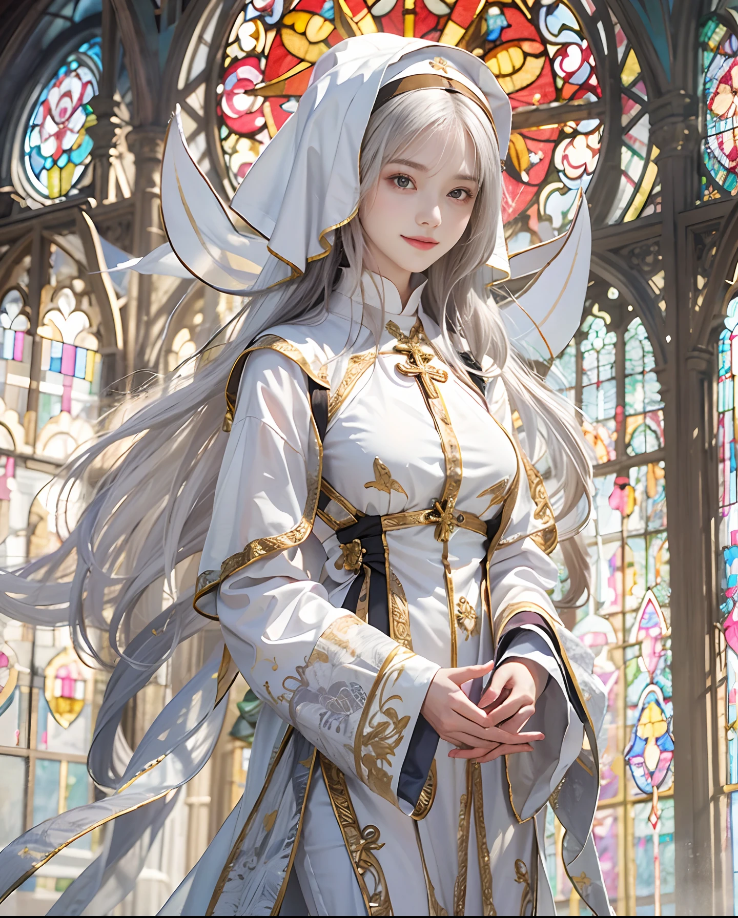 masutepiece、hight resolution、Nun costume、25Old Female、1girl with、Look at the viewer、smil、Okappa、The background is a monastery、Beautiful stained glass、the skin is white and transparent、Beautiful nun praying to God、Angel Smile、the skin is white and transparent、legs are thin and beautiful,high-heels、