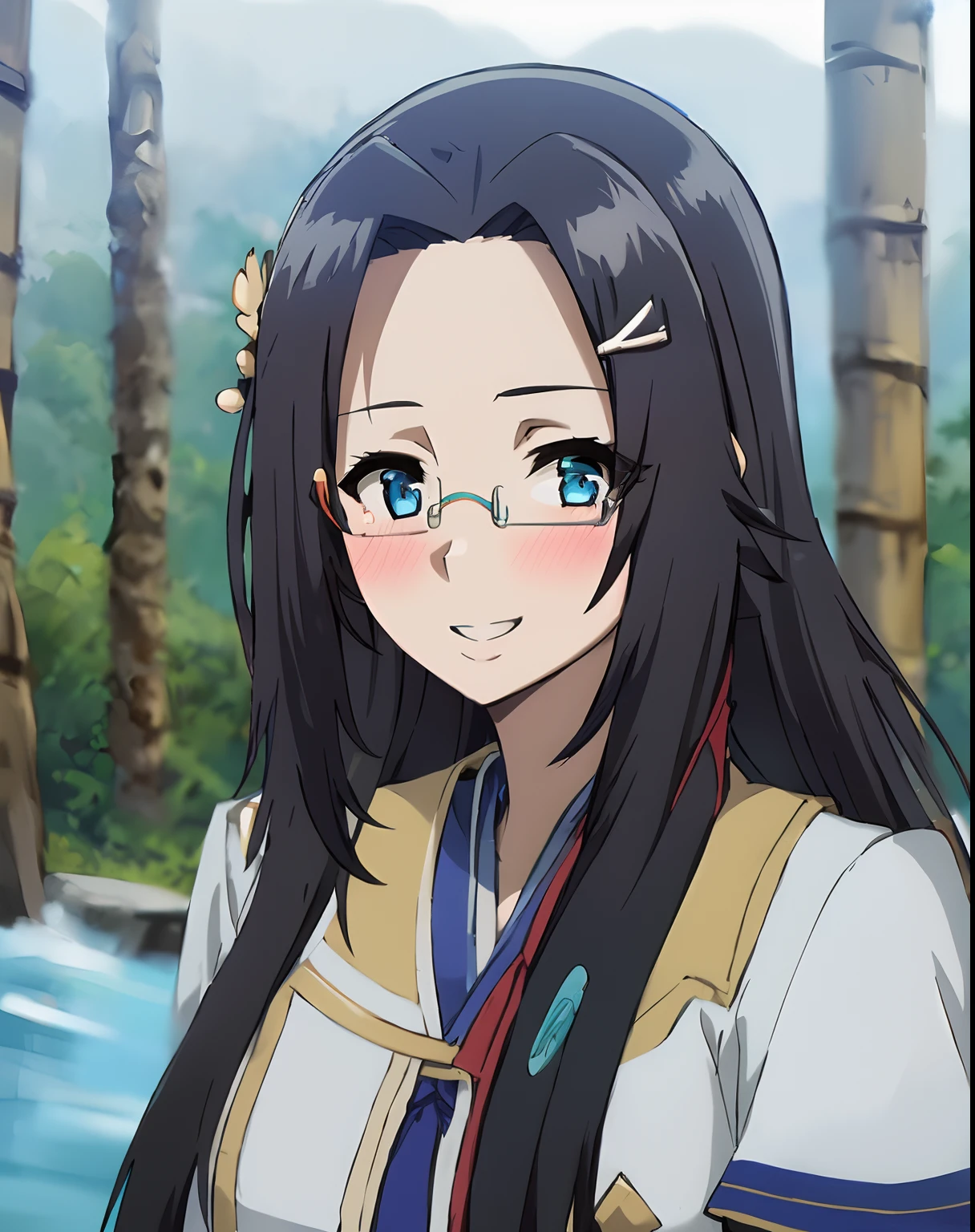 best quality, (masterpiece:1.2), illustration, absurdres,
(1girl, solo), (beautiful detailed girl),
Lady Hayakawa, black hair, long hair,  blue eyes, small breasts, hair ornament,
aqua dress, grey boots,
in bamboo forest, chinese architecture, stream,
looking at viewer, gentle smile, blush,
(lying:1.2), (upper body, portrait), ((rimless eyewear:1.2))