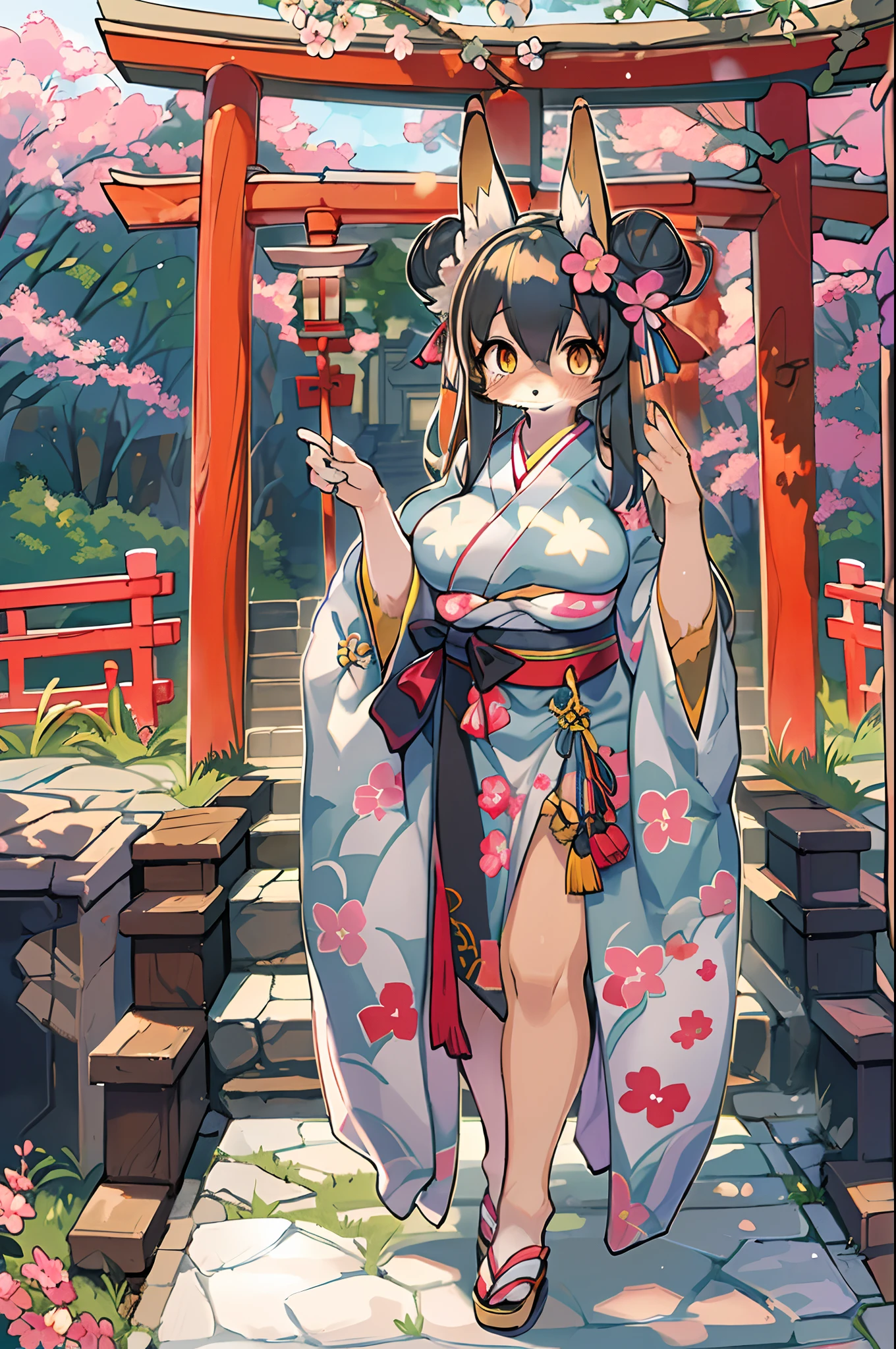 ((masutepiece,Best Quality)),2girls, Black kimono, Black legwear, a black ribbon, Black hair, cherryblossom, day, flower, Hair bun, Hair Ribbon, Komono, Kimono, Long hair, Looking at Viewer, Looking back , Multiple girls, Outdoors, bow ribbon, Sandals, single bun, stairs, Statue, torii gate, tree, Yellow eyes、body covered with fur、huge-breasted、thighs thighs thighs thighs,、bbw、big butts、Ultramammy、(((Fox Woman)))、body covered with fur、kawaii、lesbian、Deep kissing