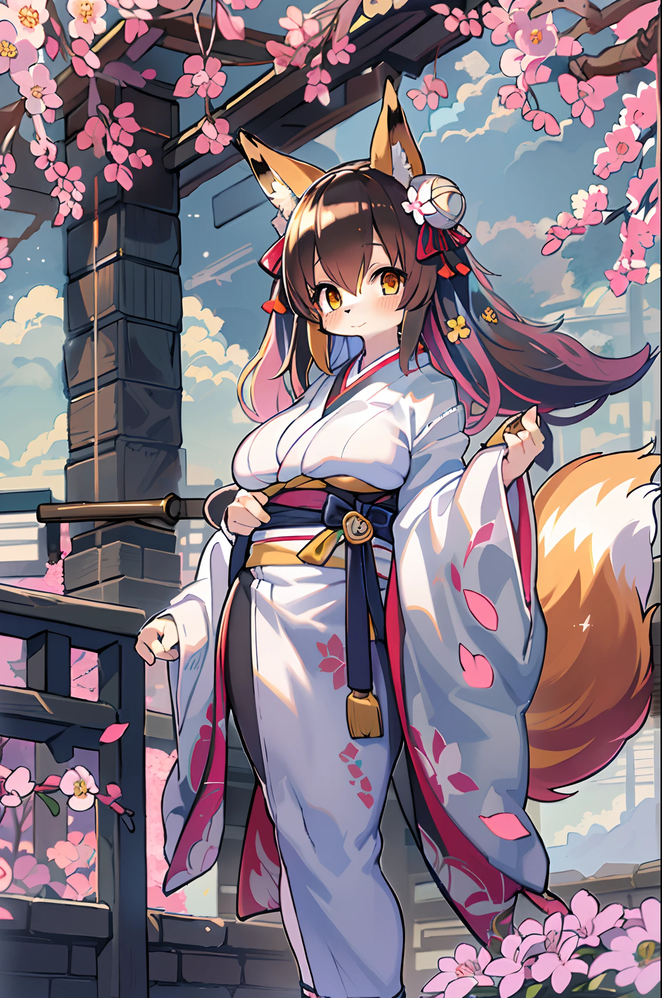 ((masutepiece,Best Quality)),2girls, Black kimono, Black legwear, a black ribbon, Black hair, cherryblossom, day, flower, Hair bun, Hair Ribbon, Komono, Kimono, Long hair, Looking at Viewer, Looking back , Multiple girls, a belt, Outdoors, Red Eyes, Red hair, bow ribbon, Sandals, single bun, stairs, Standing, Statue, torii, tree, White kimono, Yellow eyes、body covered with fur、huge-breasted、thighs thighs thighs thighs,、bbw、big butts、Ultramammy(((Fox woman)))、body covered with fur、huge-breasted、kawaii、shrine maiden
