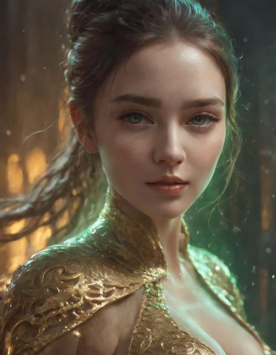 Splash Art, A close-up of liquid glowing gorgeous lady made of color,  Golden, White, pastel, green, silver, filigree, filigree detailed , , Color drops, Plague waves,  splash style of color paint, hyper detailed intricately detailed, illusory engine, Fantastical, intricately details, Splash screen, Complementary colors, fantasy, concept-art, 8K resolution, Deviantart's masterpiece, Oil painting, Heavy strokes, paint drips, splashart, , Fantasy art,  author：yanjun cheng, Guviz, by Atey Ghailan, greg rutkovsky, greg tocchini,,  sakimichan , Bovoort, Art germ, Phlegm sputum, phlegm. concept-art, Center the composition for perfect composition, Centered, intricated pose, iintricate, looking toward the viewer